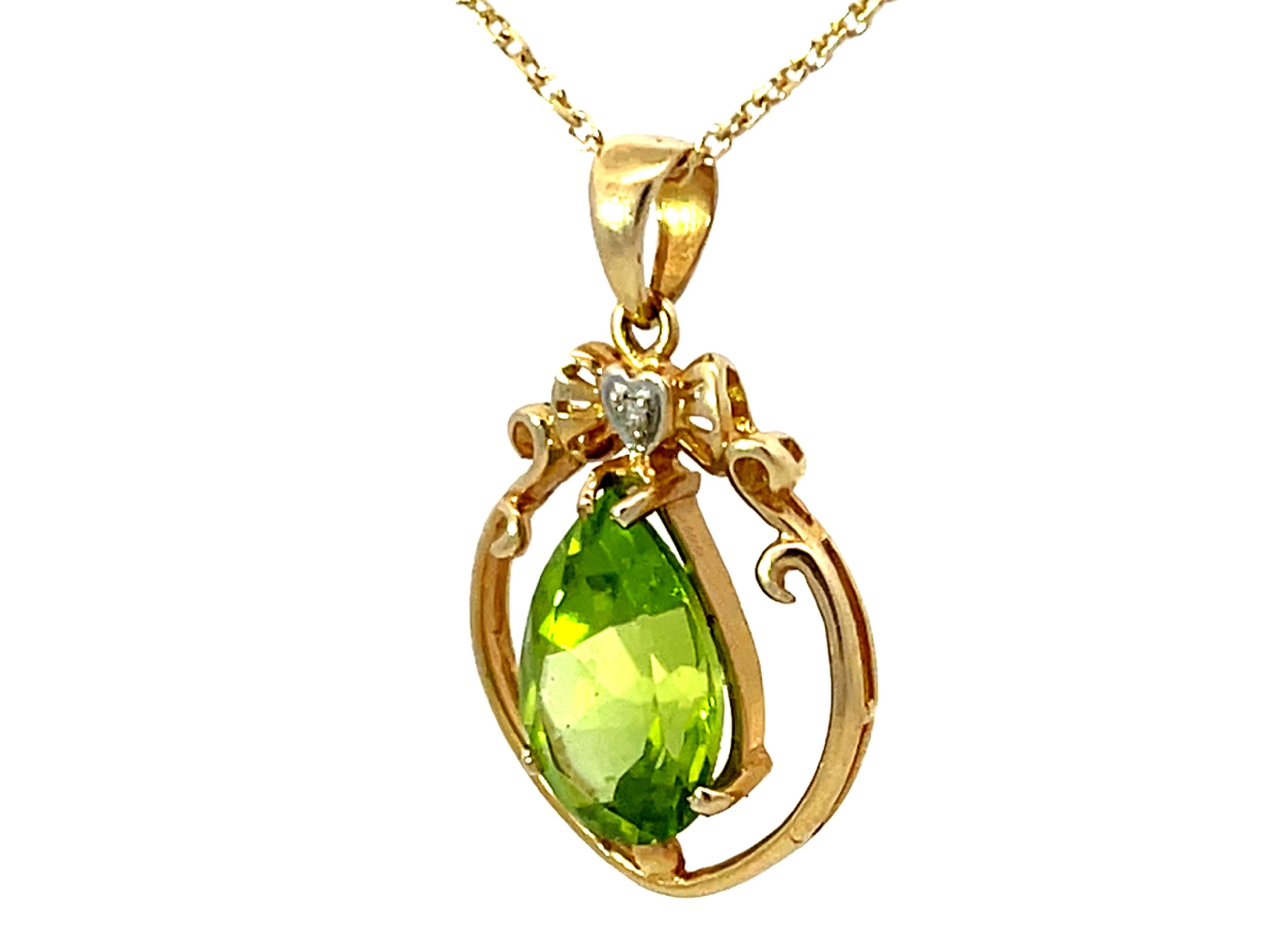 Pear Cut Peridot Diamond Solid 14K Yellow Gold Pendant Necklace For Sale