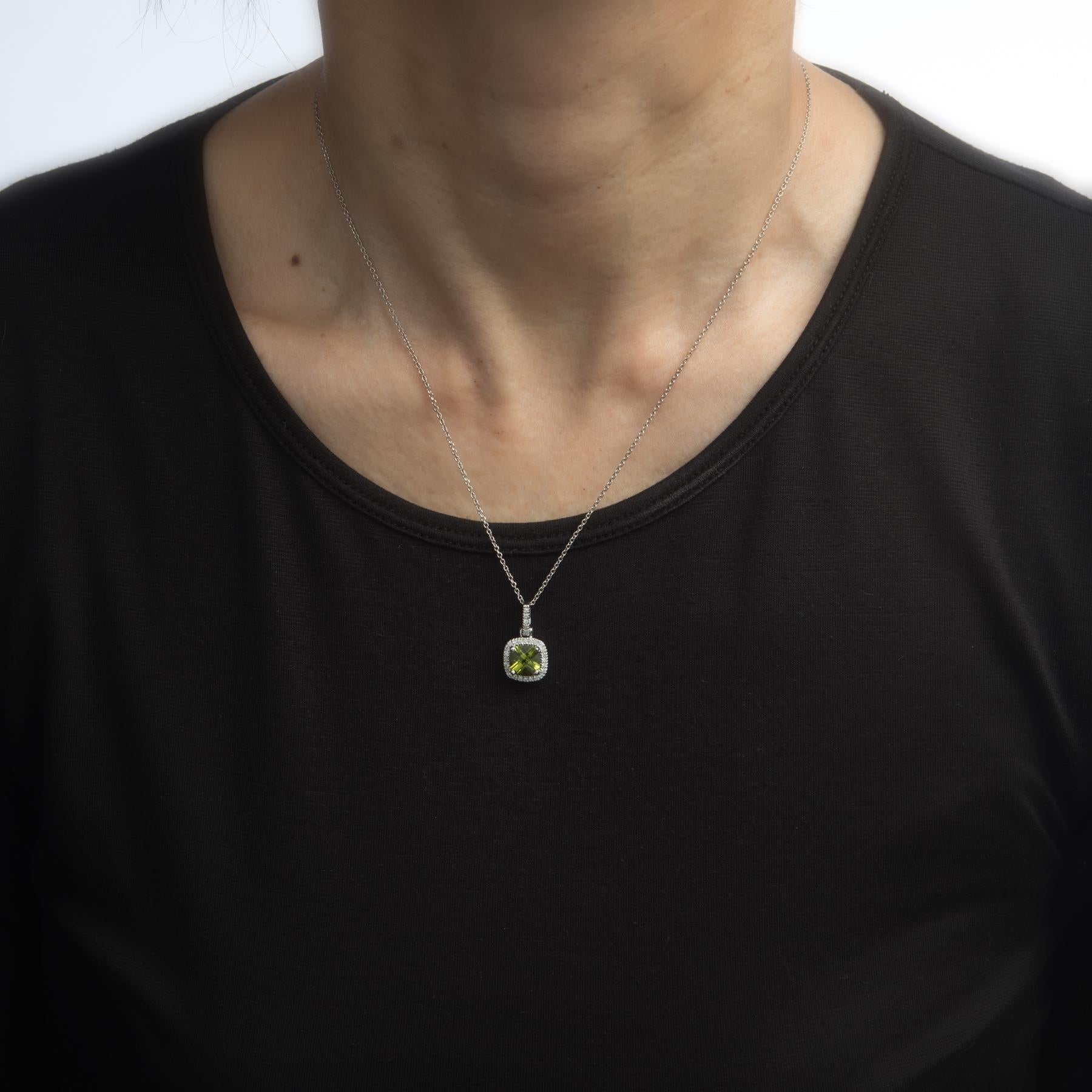 Modern Peridot Diamond Square Pendant Necklace 