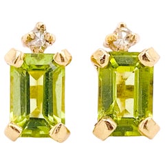 Peridot Diamond Stud Earrings Emerald Cut Periodot Green Post Earrings 14k Gold