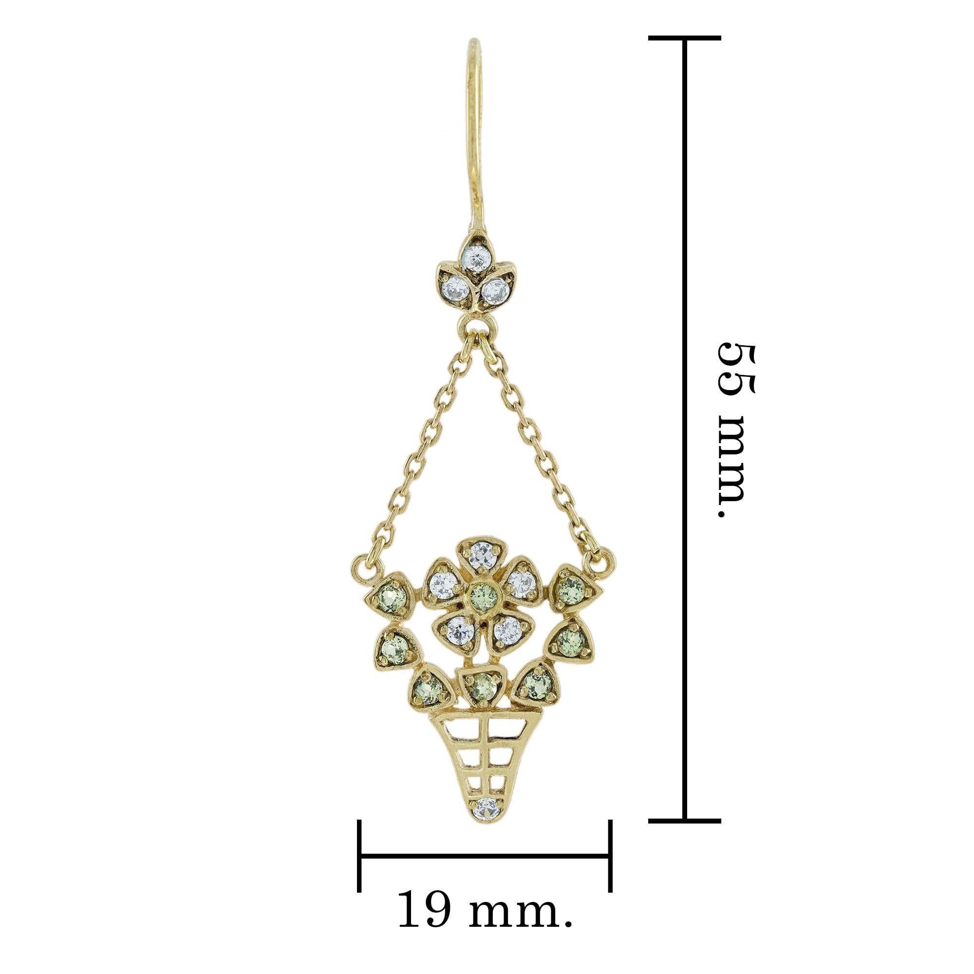 Peridot Diamond Vintage Style Floral Basket Drop Earrings in Solid 9K Gold In New Condition For Sale In Bangkok, TH
