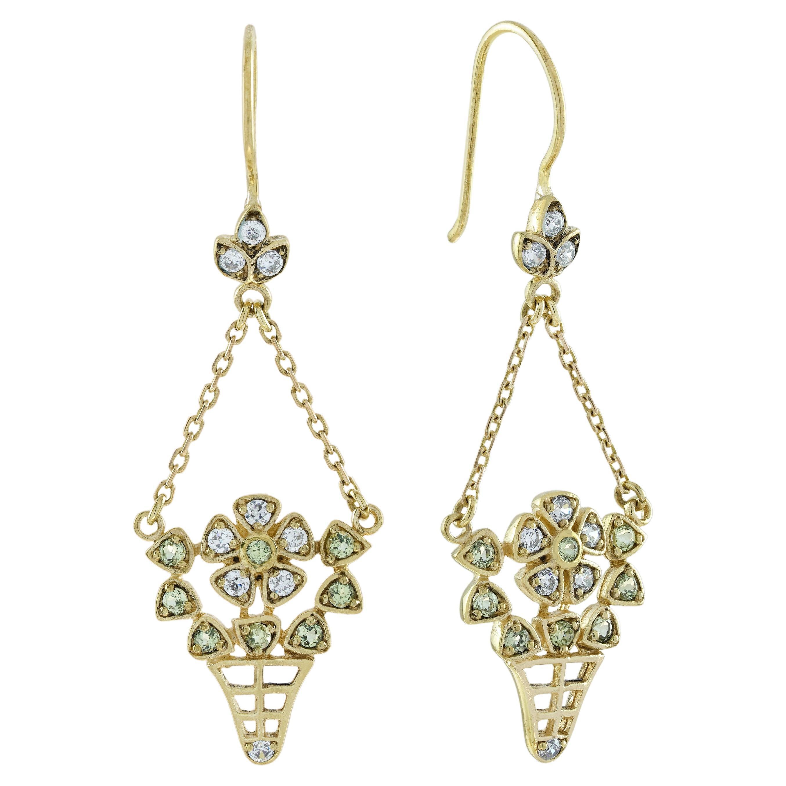 Peridot Diamond Vintage Style Floral Basket Drop Earrings in Solid 9K Gold