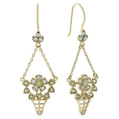 Boucles d'oreilles pendantes en or massif 9K avec péridot et diamant, style vintage et panier floral