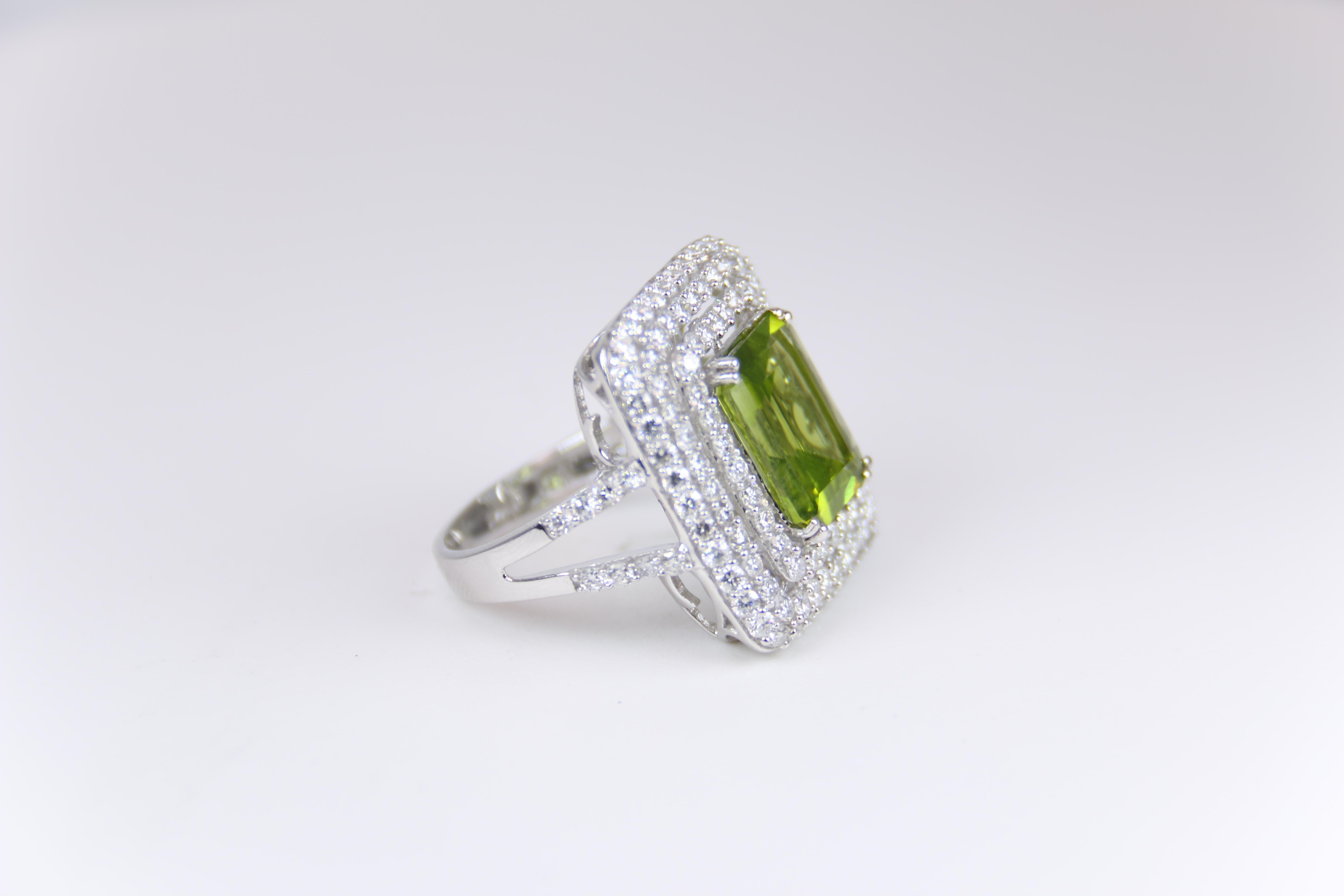 Emerald Cut Peridot Diamond White Gold Cocktail Ring