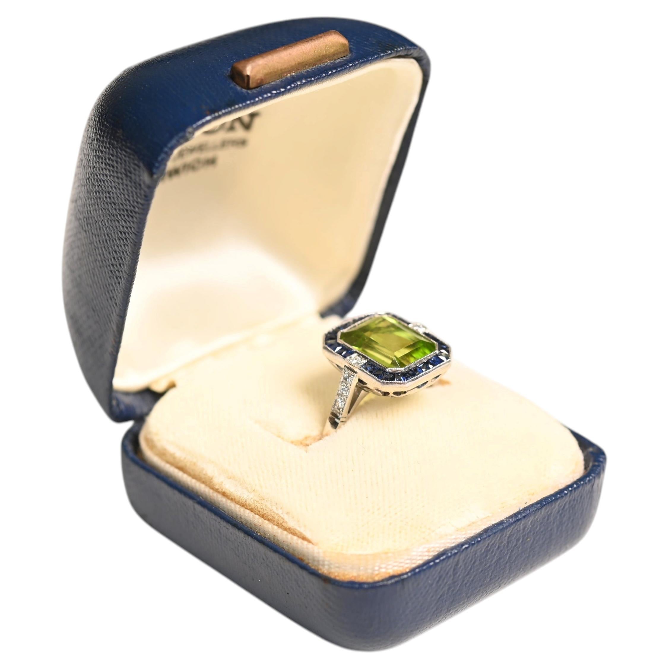 Peridot Double Halo Ring. 3.40ct Peridot Sapphire Diamond Engagement Platinum For Sale