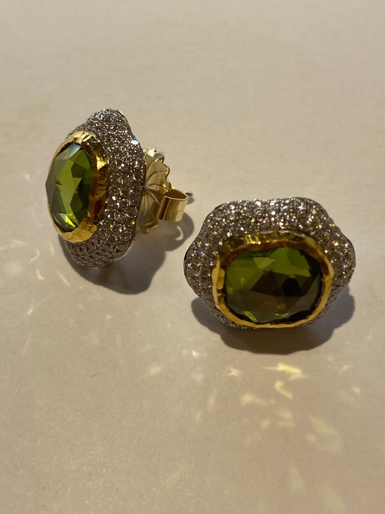 Victor Velyan Peridot Studs with Diamond Accents in 24K Yellow Gold For ...