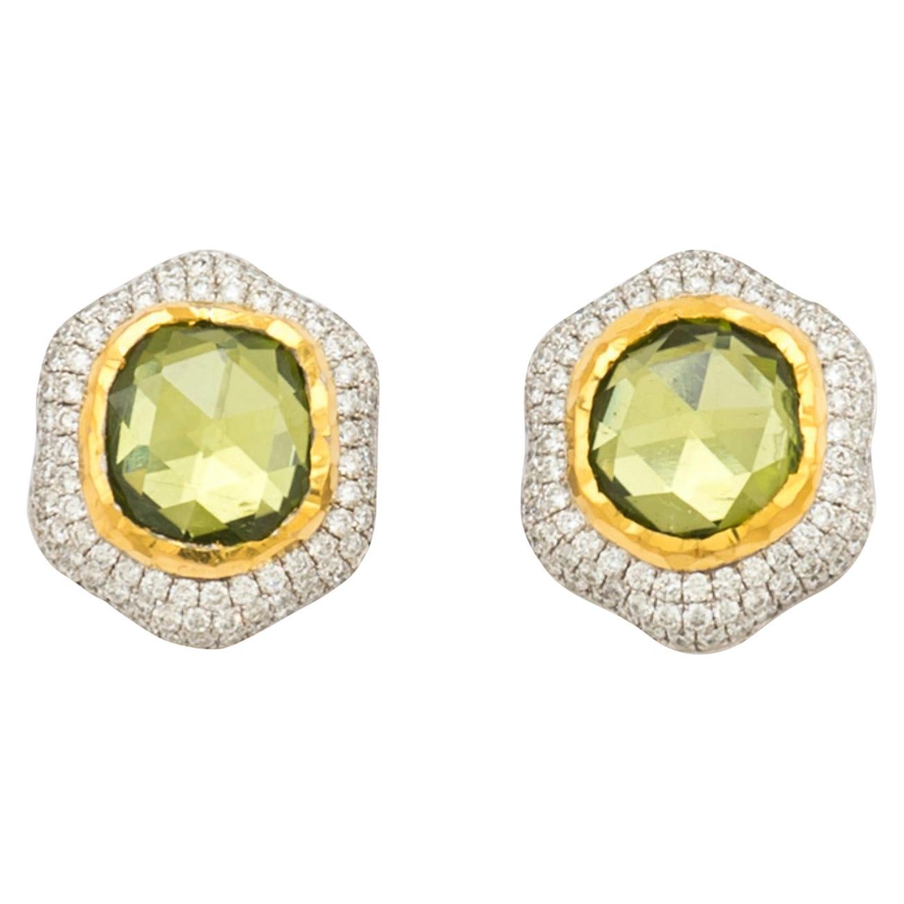 Victor Velyan Peridot Studs with Diamond Accents in 24K Yellow Gold For Sale