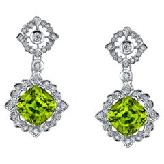 Peridot Earrings 12.89 Ct Cushion Cut 18K White Gold Diamonds - Beverly Hills