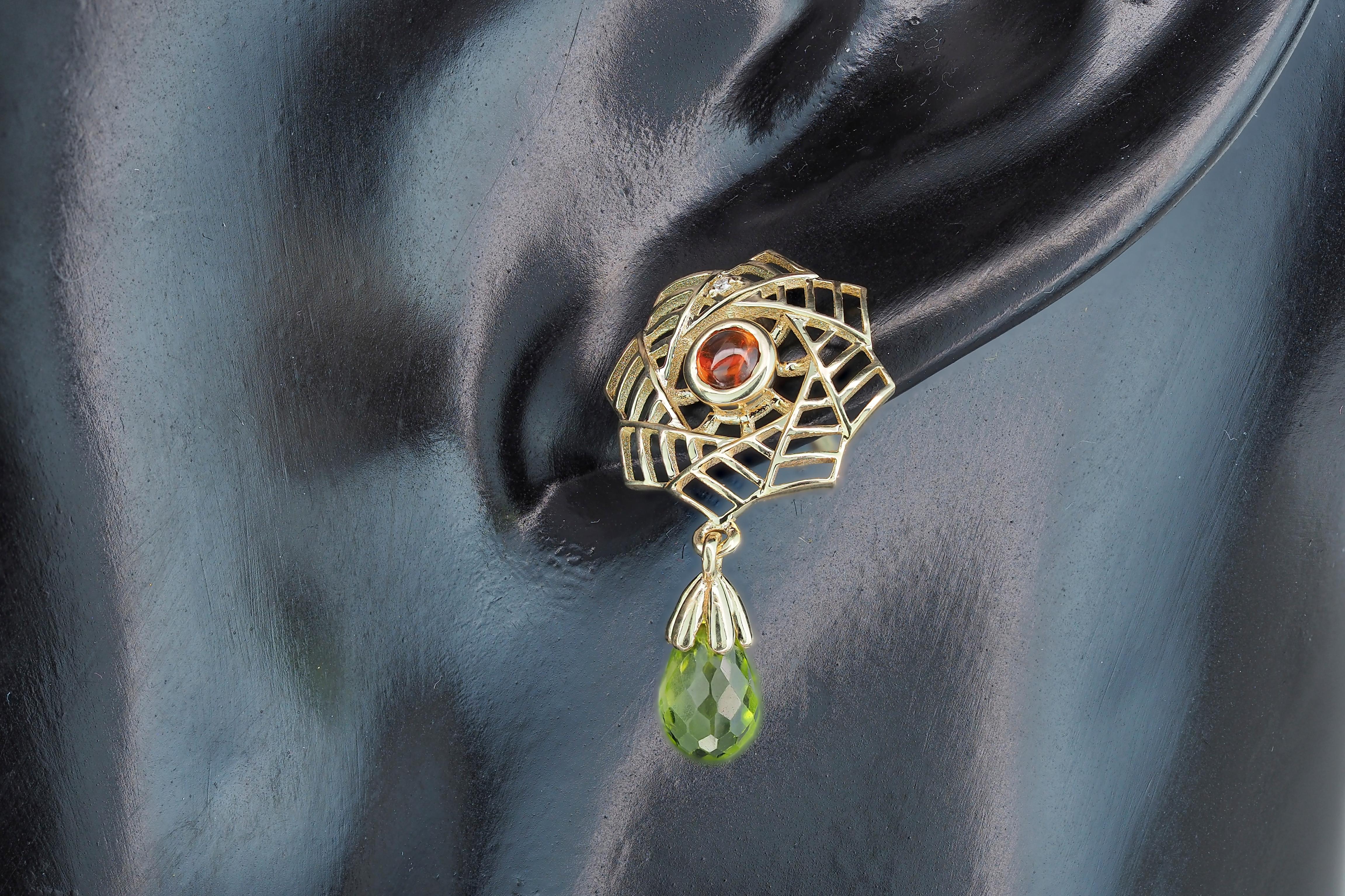 Peridot, yellow sapphire earrings in 14k gold. For Sale 1