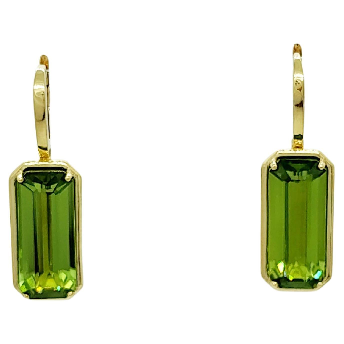 Peridot Emerald Cut Dangle Earrings in 18k Yellow Gold For Sale