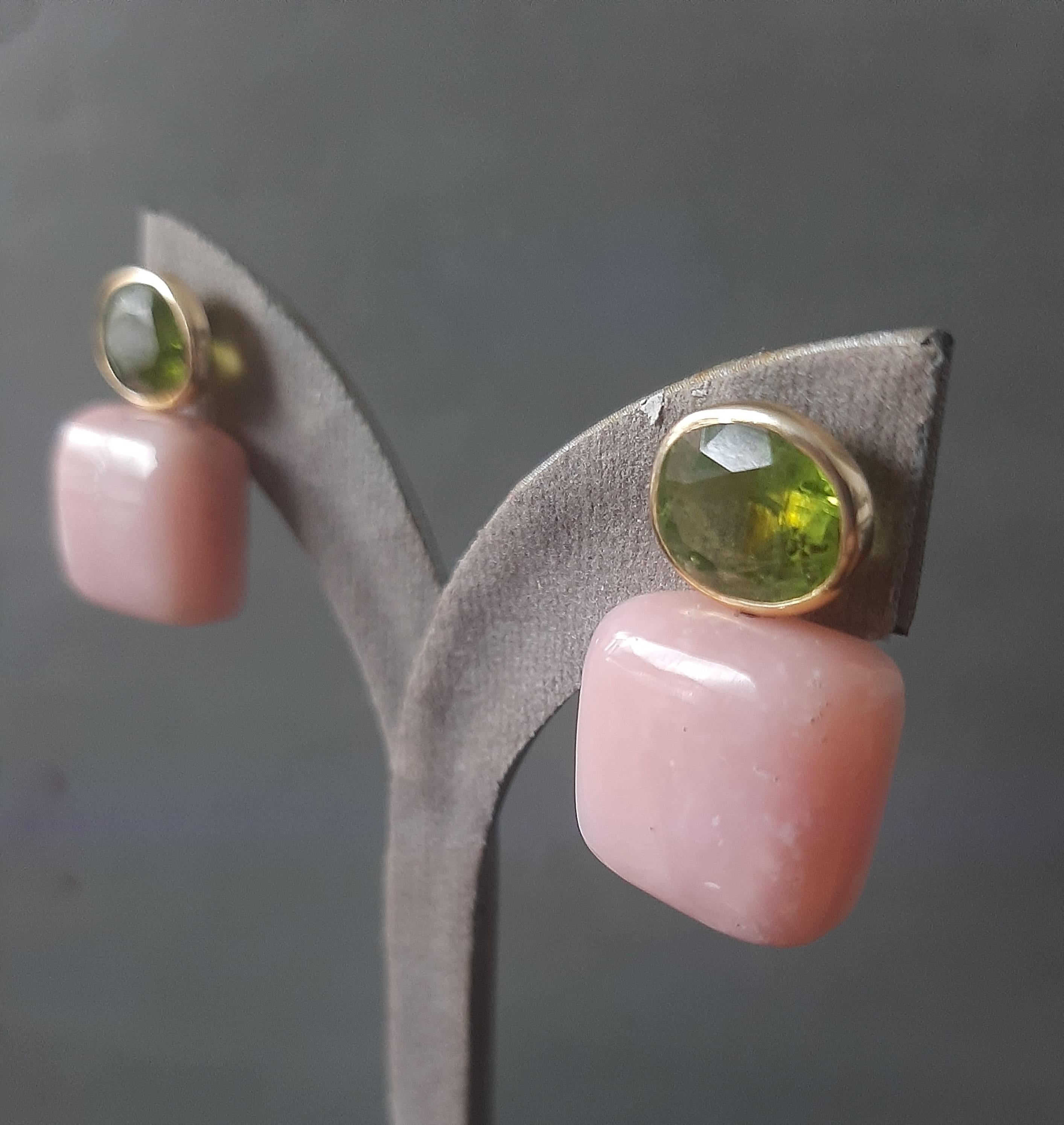 Peridot Facettiert Oval 14k Solid Gelbgold Rosa Opal Kissen Form Ohrstecker (Kunsthandwerker*in) im Angebot