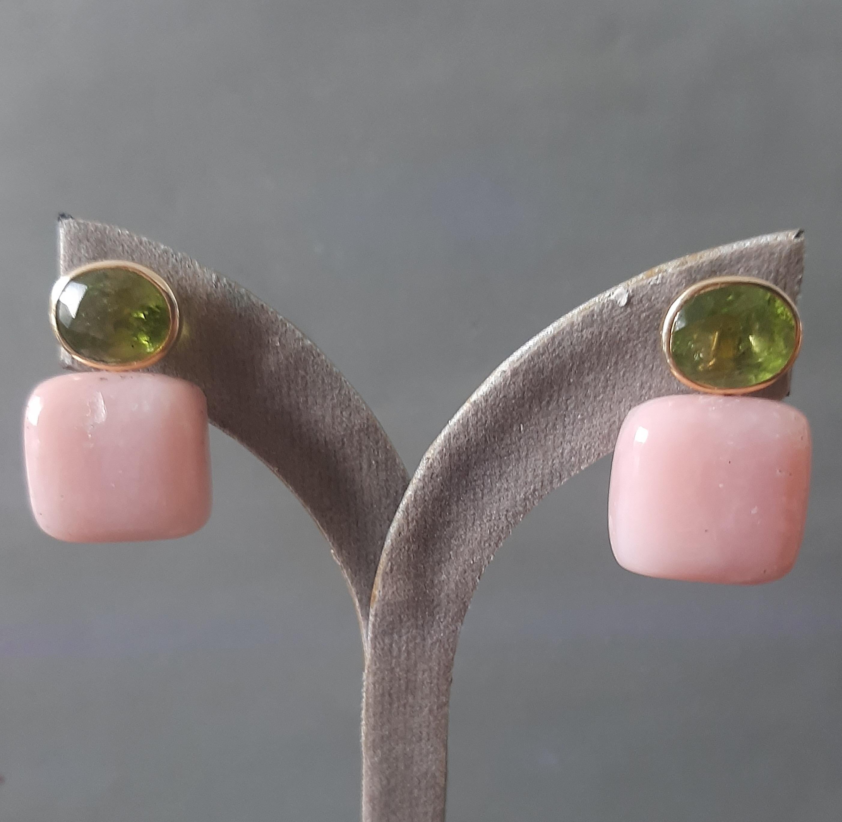 Peridot Facettiert Oval 14k Solid Gelbgold Rosa Opal Kissen Form Ohrstecker (Gemischter Schliff) im Angebot
