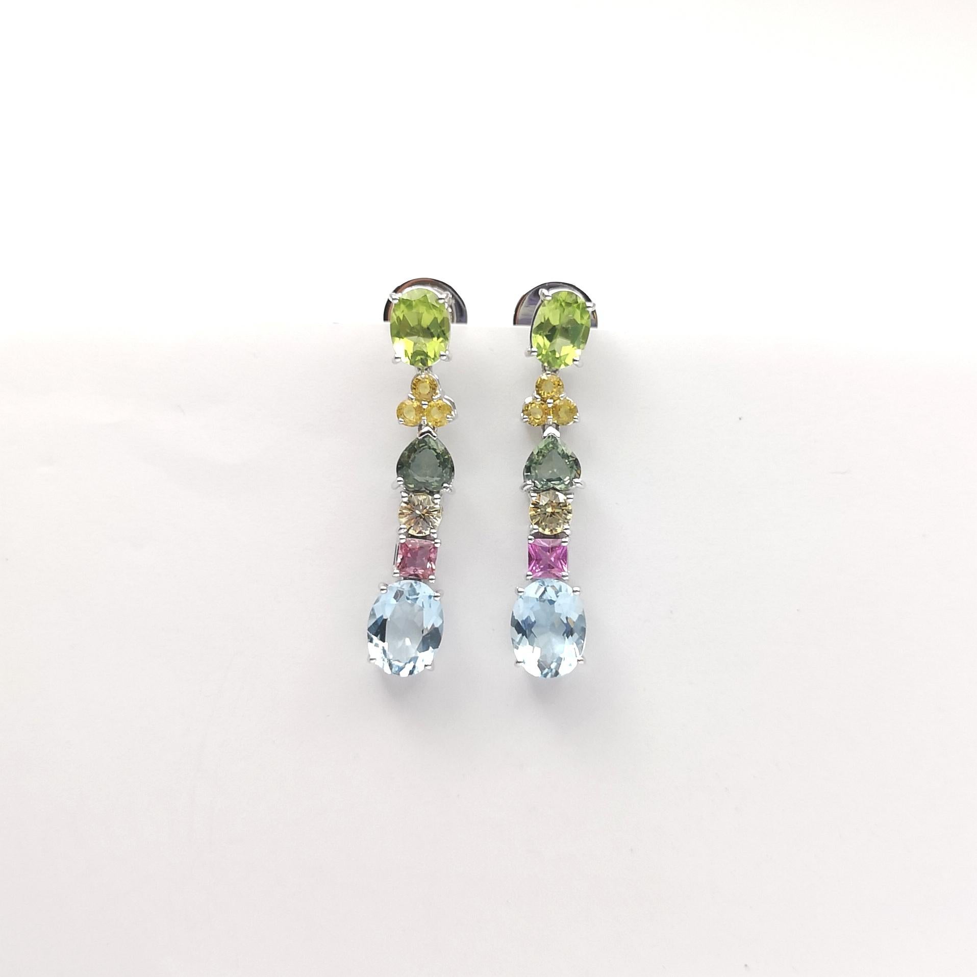 Peridot, Fancy Sapphire and Aquamarine Earrings set in 18K White Gold Settings For Sale 4