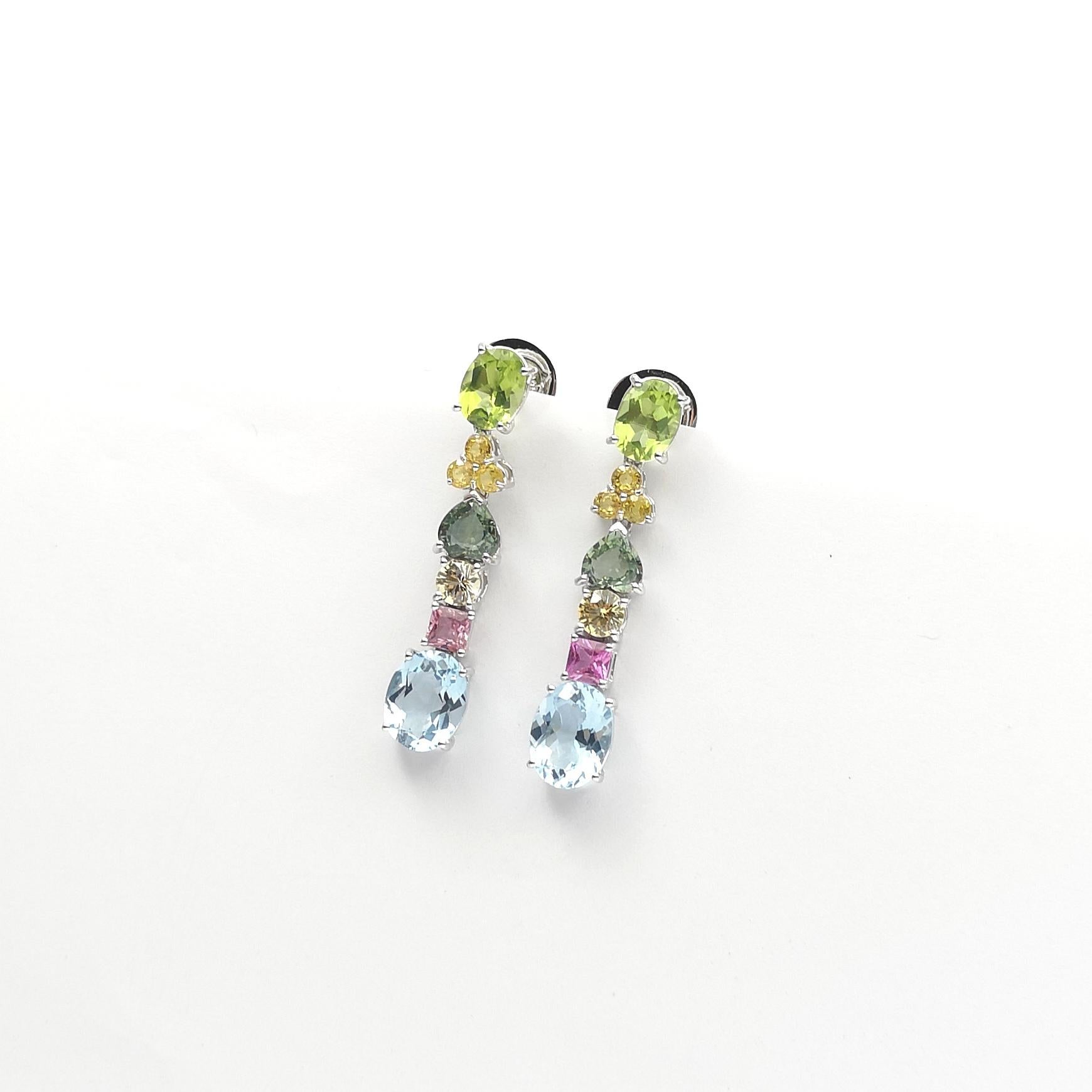 Peridot, Fancy Sapphire and Aquamarine Earrings set in 18K White Gold Settings For Sale 5