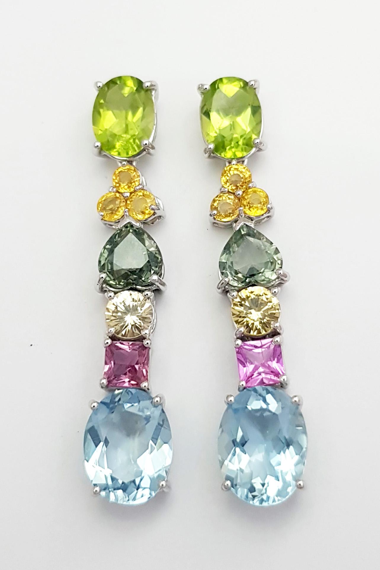 Contemporary Peridot, Fancy Sapphire and Aquamarine Earrings set in 18K White Gold Settings For Sale