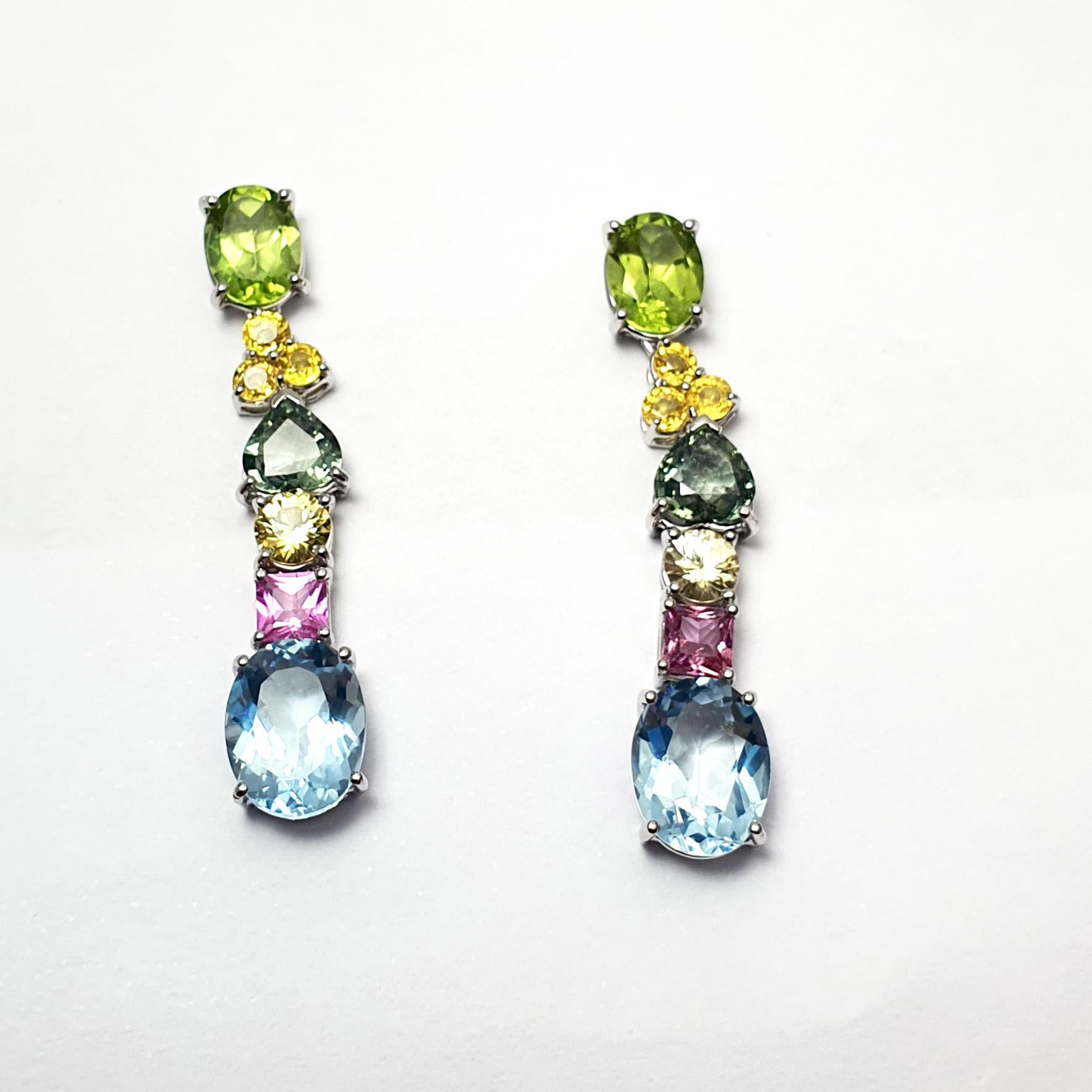Mixed Cut Peridot, Fancy Sapphire and Aquamarine Earrings set in 18K White Gold Settings For Sale
