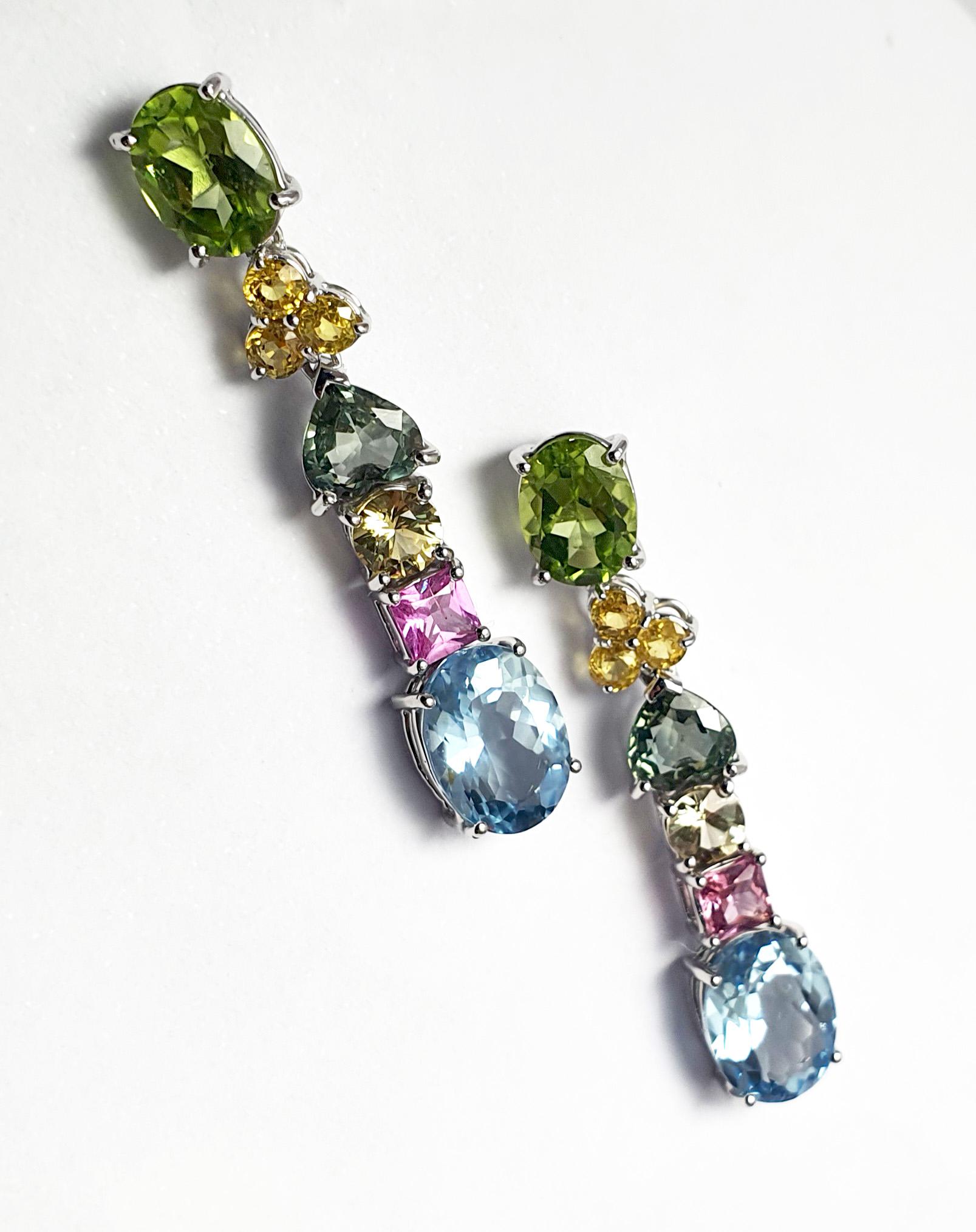 Peridot, Fancy Sapphire and Aquamarine Earrings set in 18K White Gold Settings In New Condition For Sale In Bangkok, TH