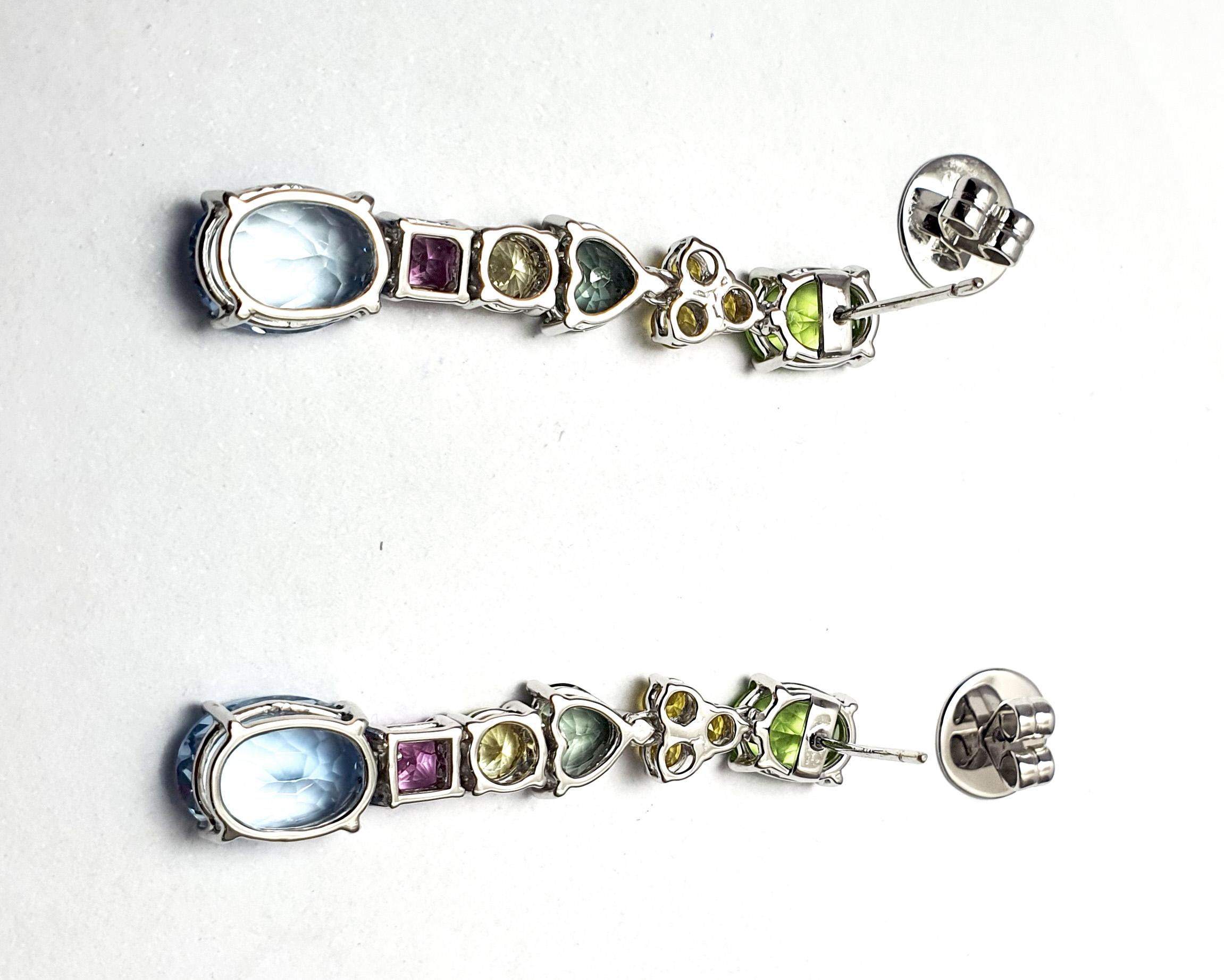Peridot, Fancy Sapphire and Aquamarine Earrings set in 18K White Gold Settings For Sale 1