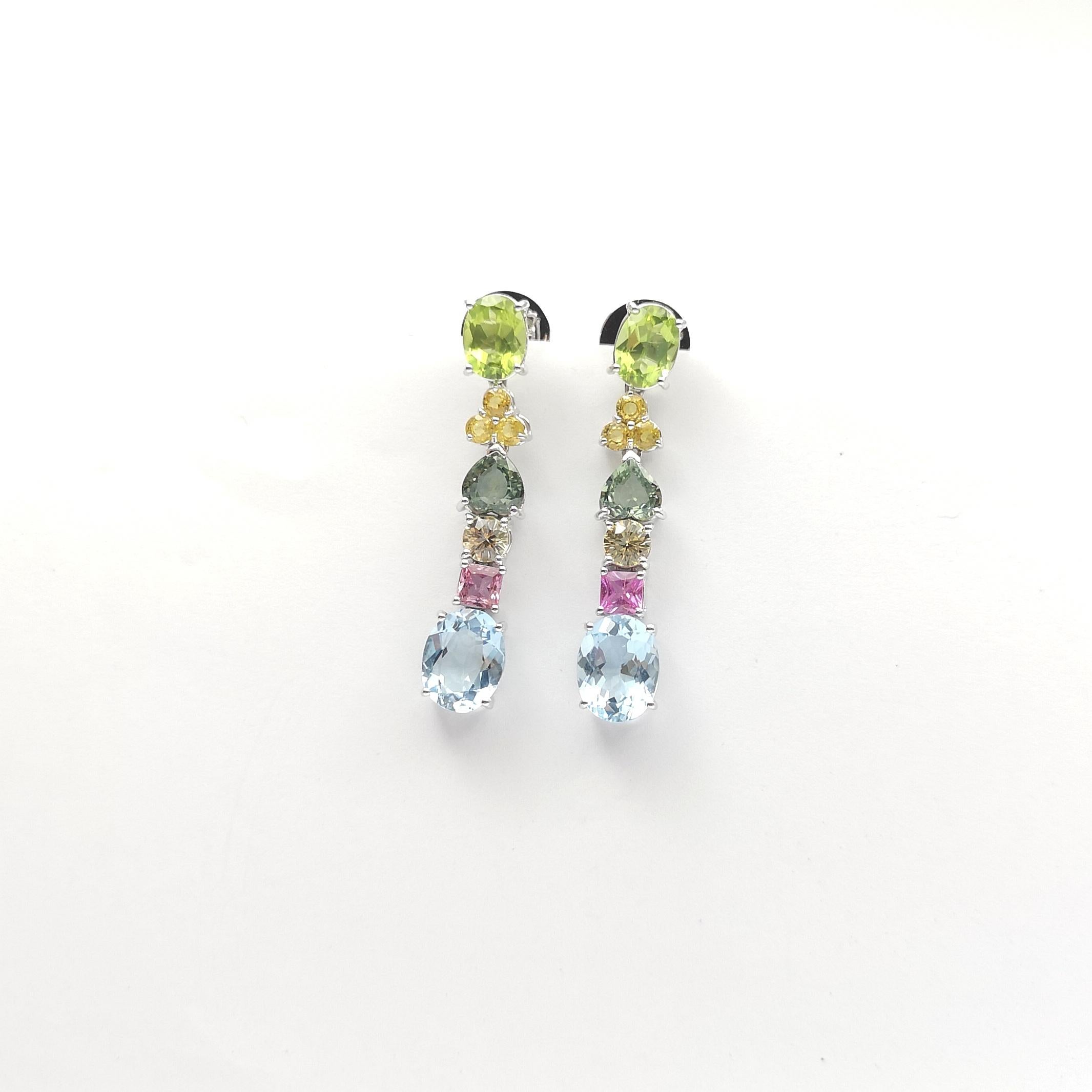 Peridot, Fancy Sapphire and Aquamarine Earrings set in 18K White Gold Settings For Sale 2