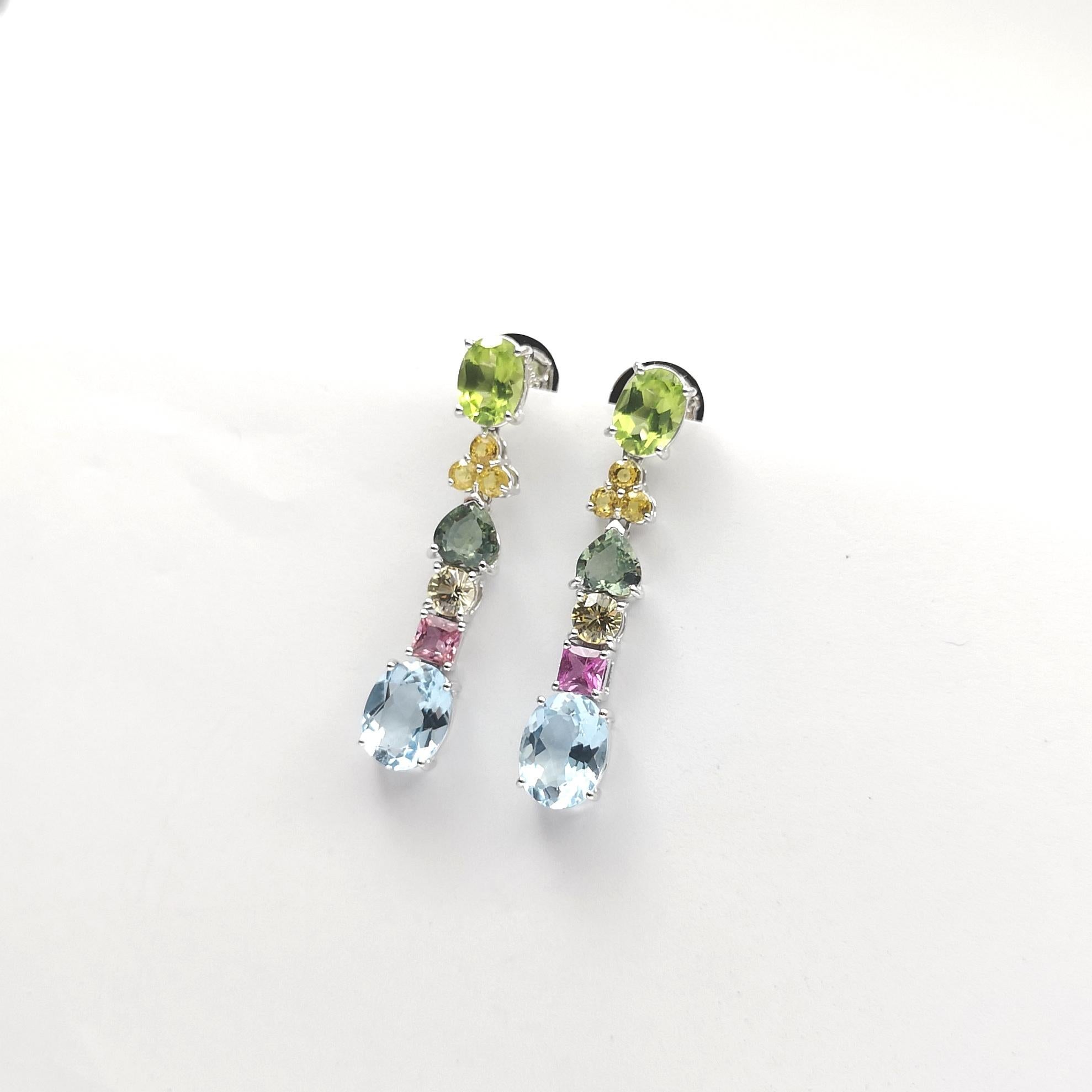 Peridot, Fancy Sapphire and Aquamarine Earrings set in 18K White Gold Settings For Sale 3
