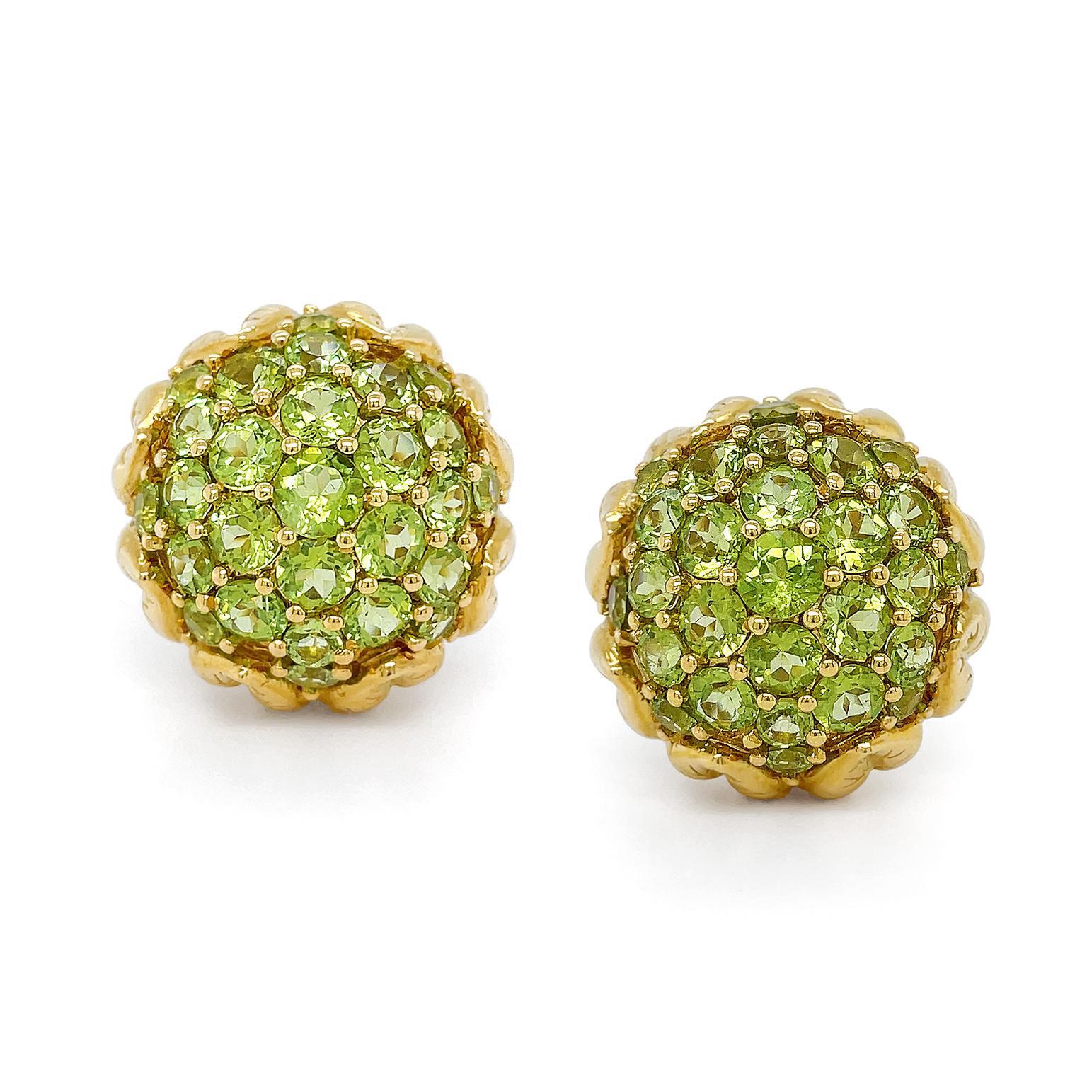 Round Cut Peridot Flower Bud 18K Yellow Gold Earrings For Sale