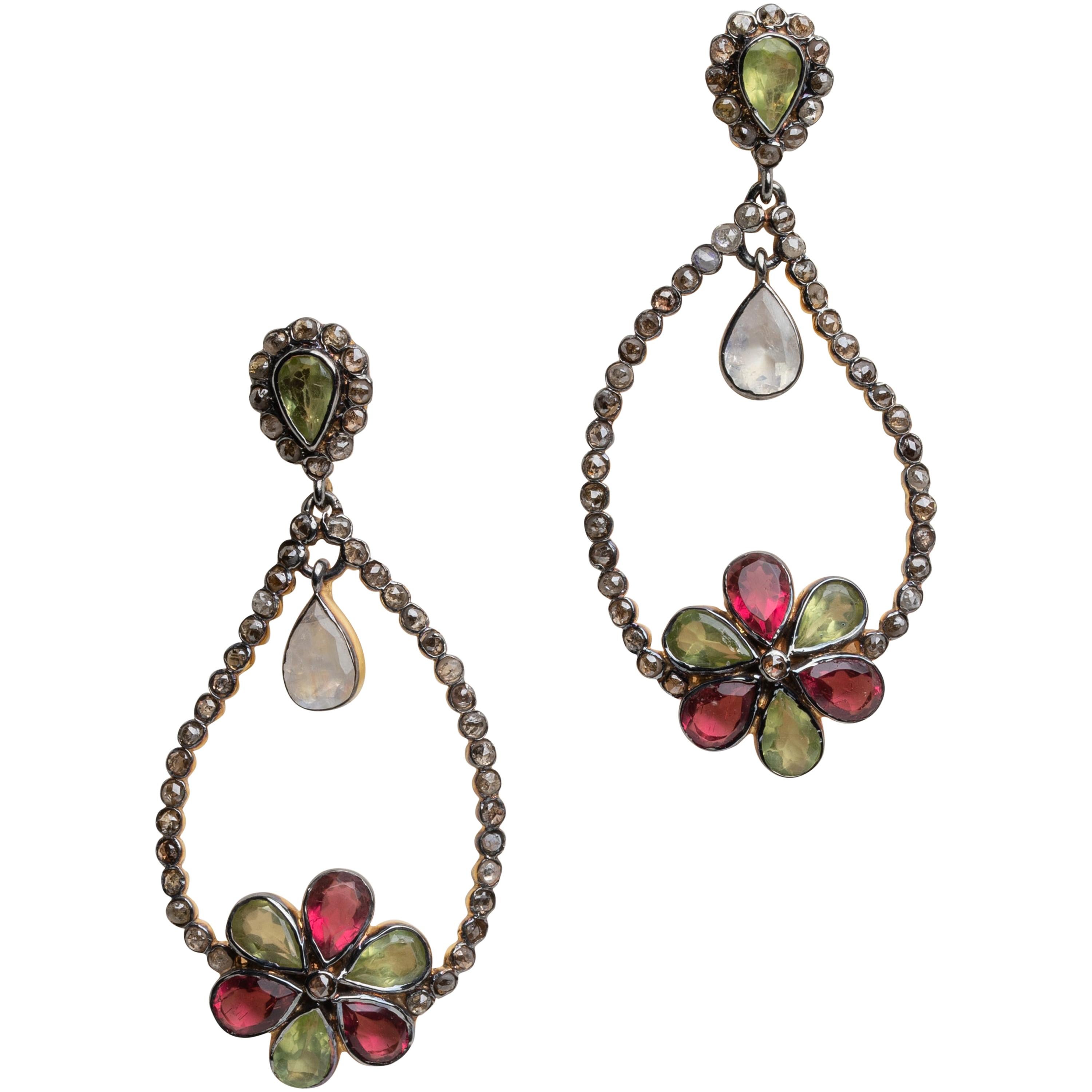 Peridot, Garnet and Diamond Drop Dangle Earrings