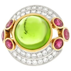 Peridot Garnet and Diamond Set Gold Ring
