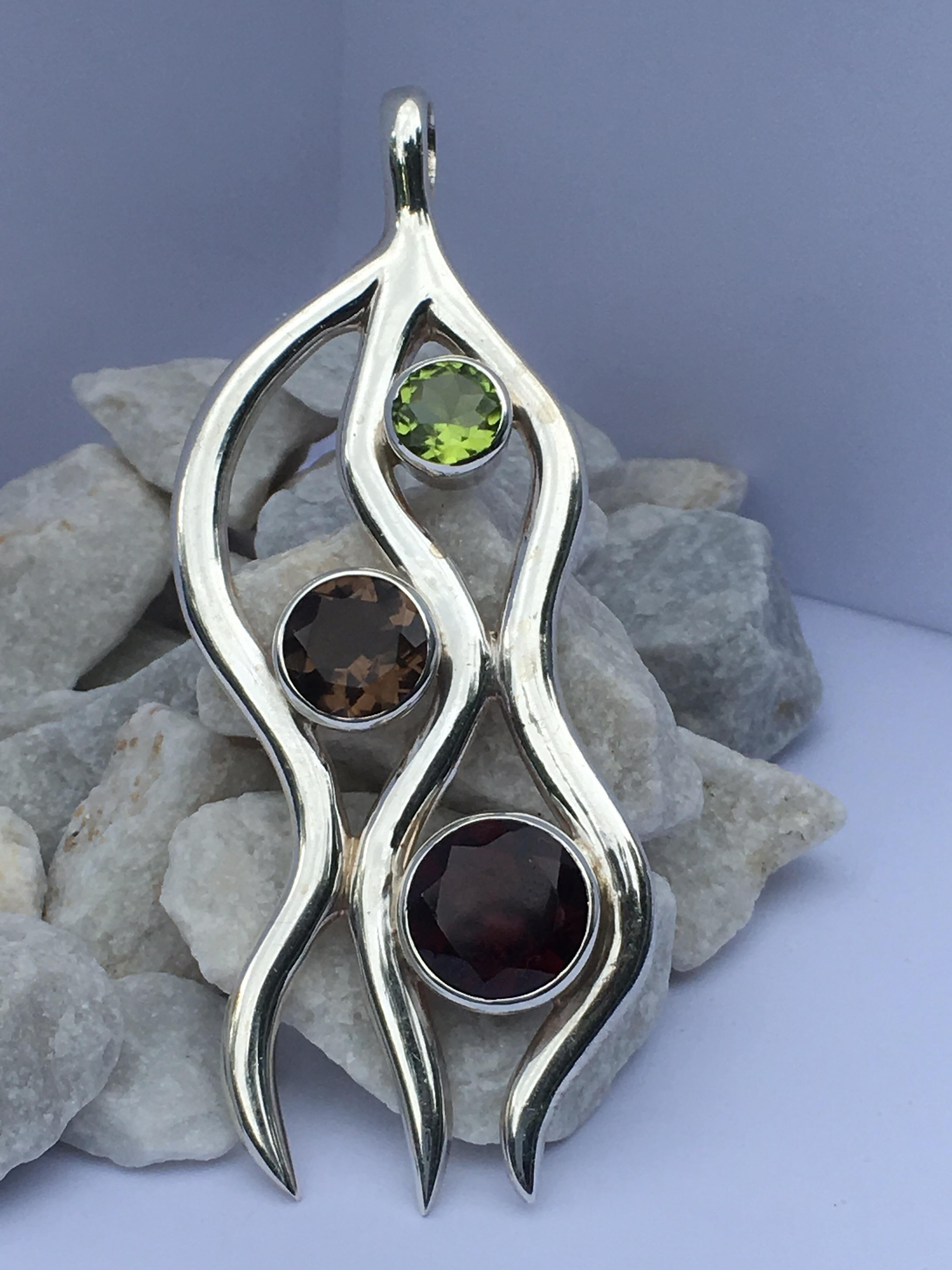 Peridot, Garnet and Smokey Topaz Pendant Set in Sterling Silver For Sale 1