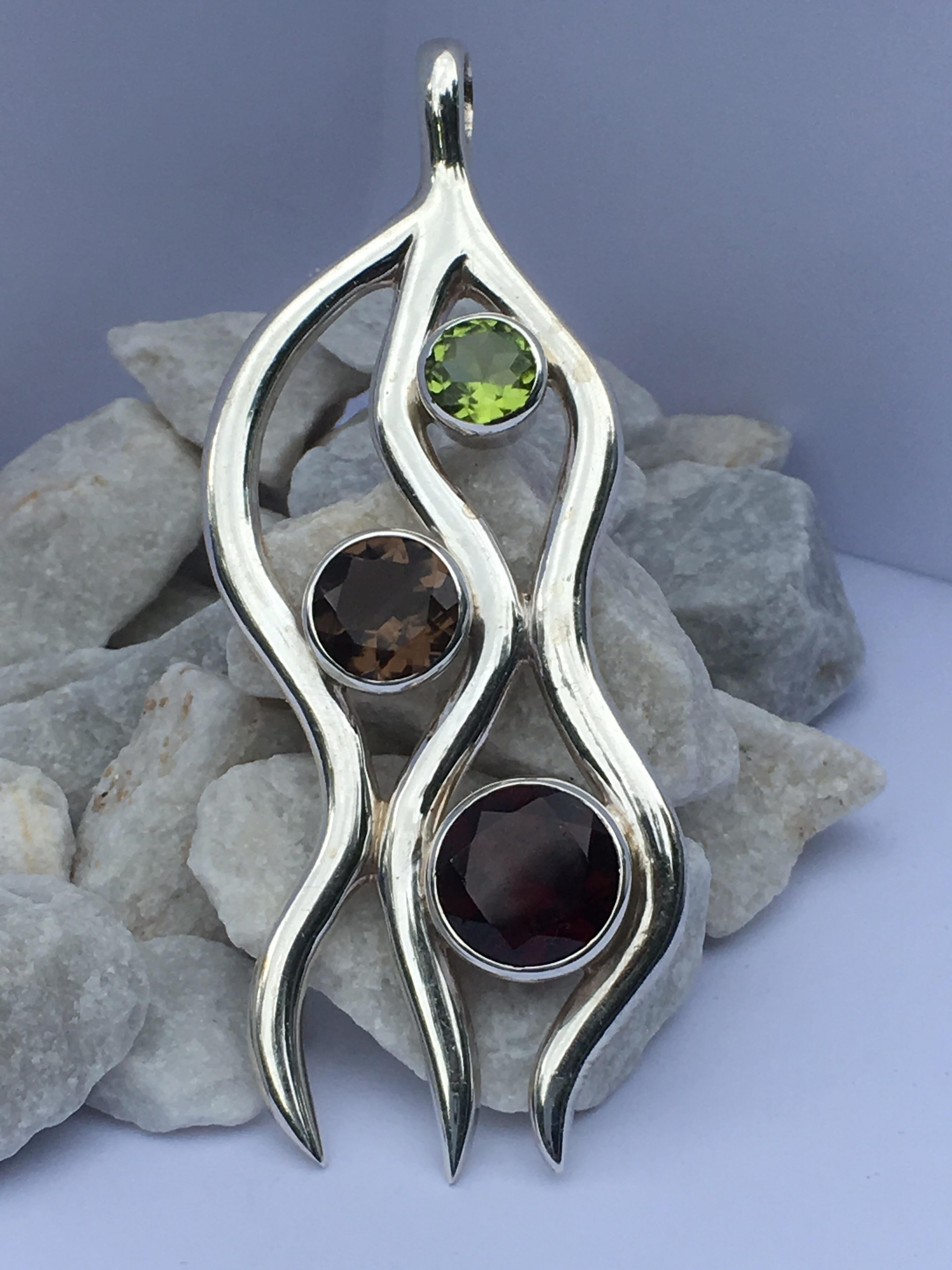 Round Cut Peridot, Garnet and Smokey Topaz Pendant Set in Sterling Silver For Sale