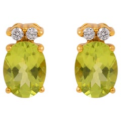 Peridot Gemstone Stud Earrings Diamond 14 Karat Yellow Gold Handmade Jewelry
