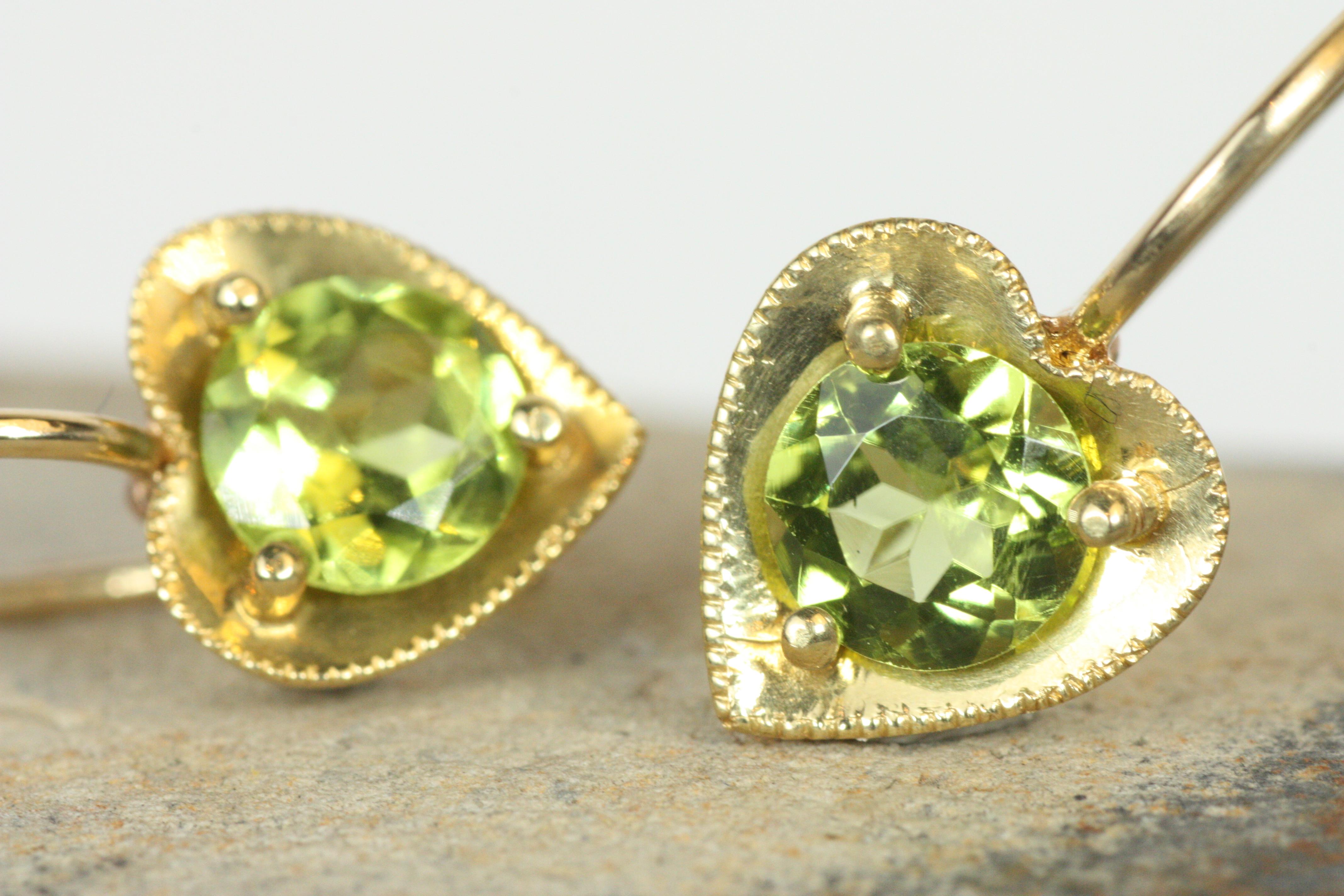 Peridot Heart-Shaped Earrings in 18K Yellow Gold by Bracken Jewelers In New Condition For Sale In Santa Monica, CA