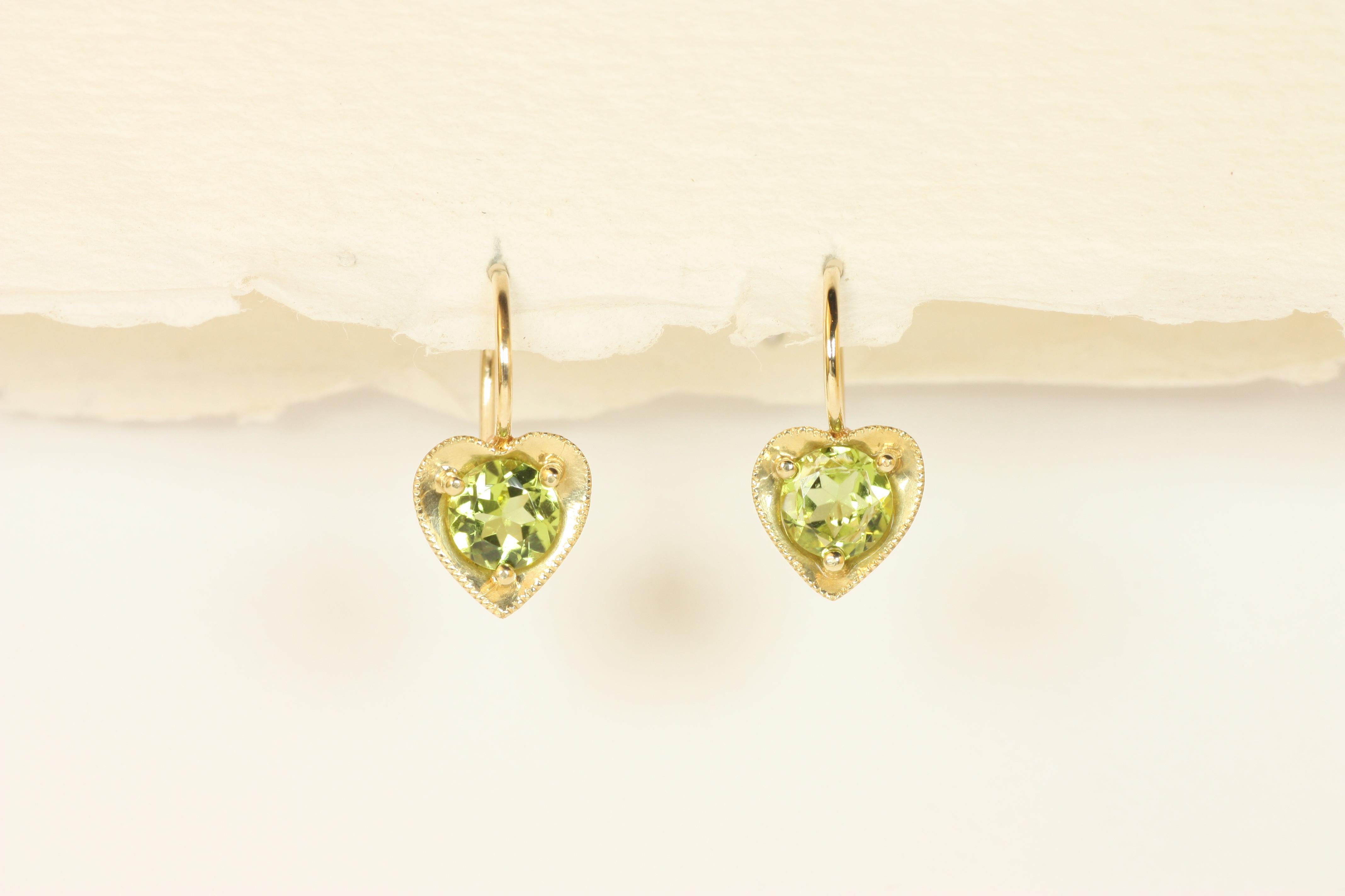 Women's Peridot Heart-Shaped Earrings in 18K Yellow Gold by Bracken Jewelers For Sale