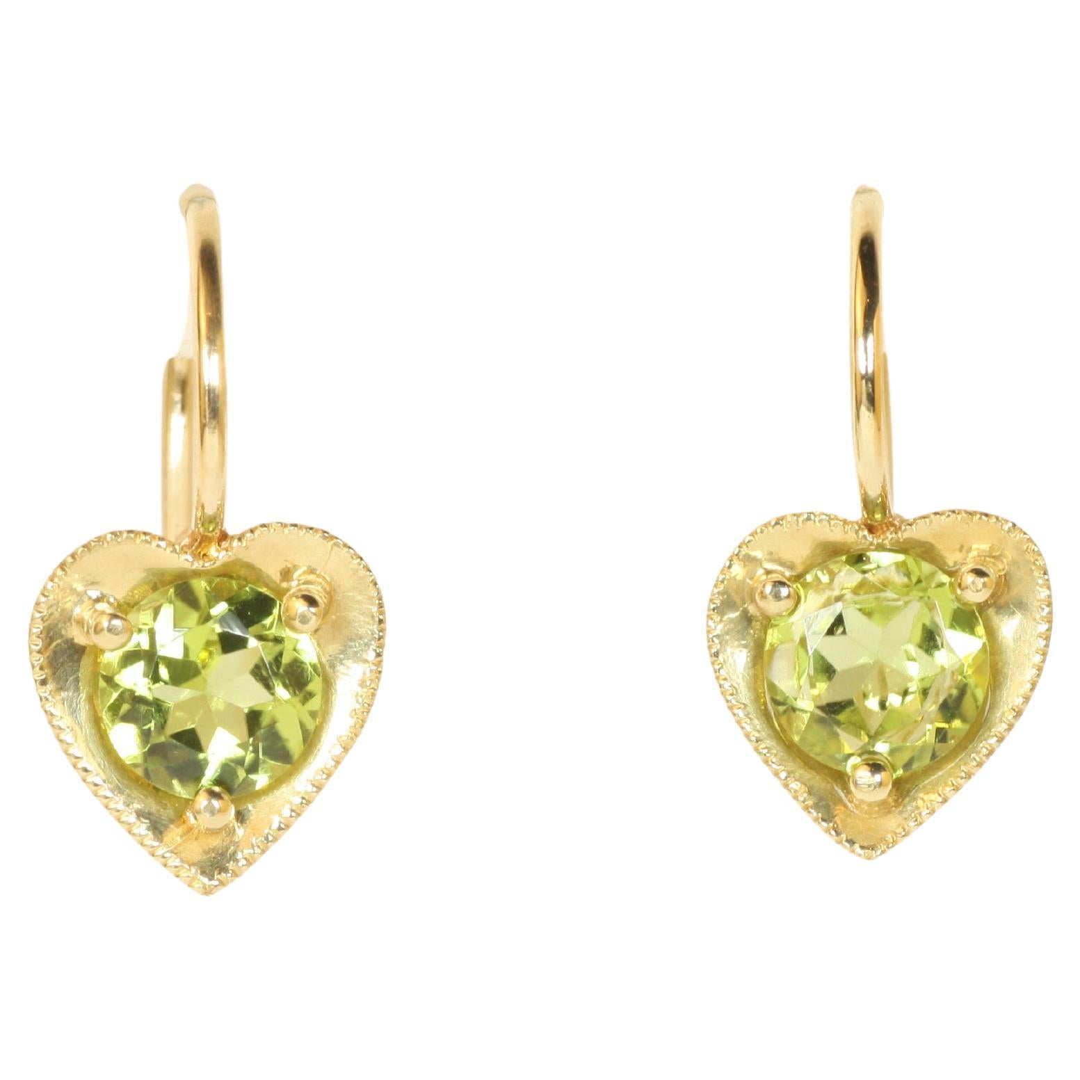 Peridot Heart-Shaped Earrings in 18K Yellow Gold by Bracken Jewelers For Sale