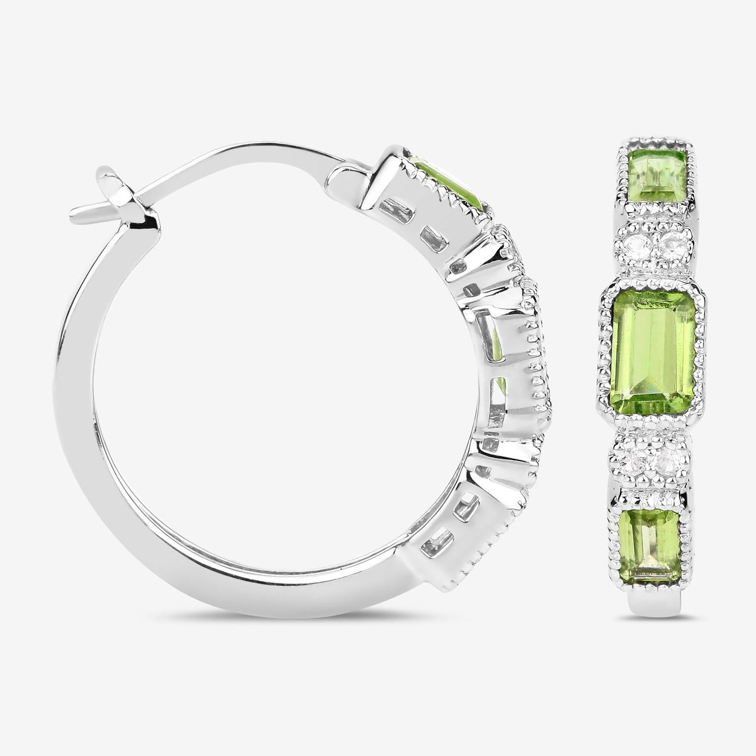 Contemporary Peridot Hoop Earrings White Topaz 2.4 Carats Sterling Silver For Sale