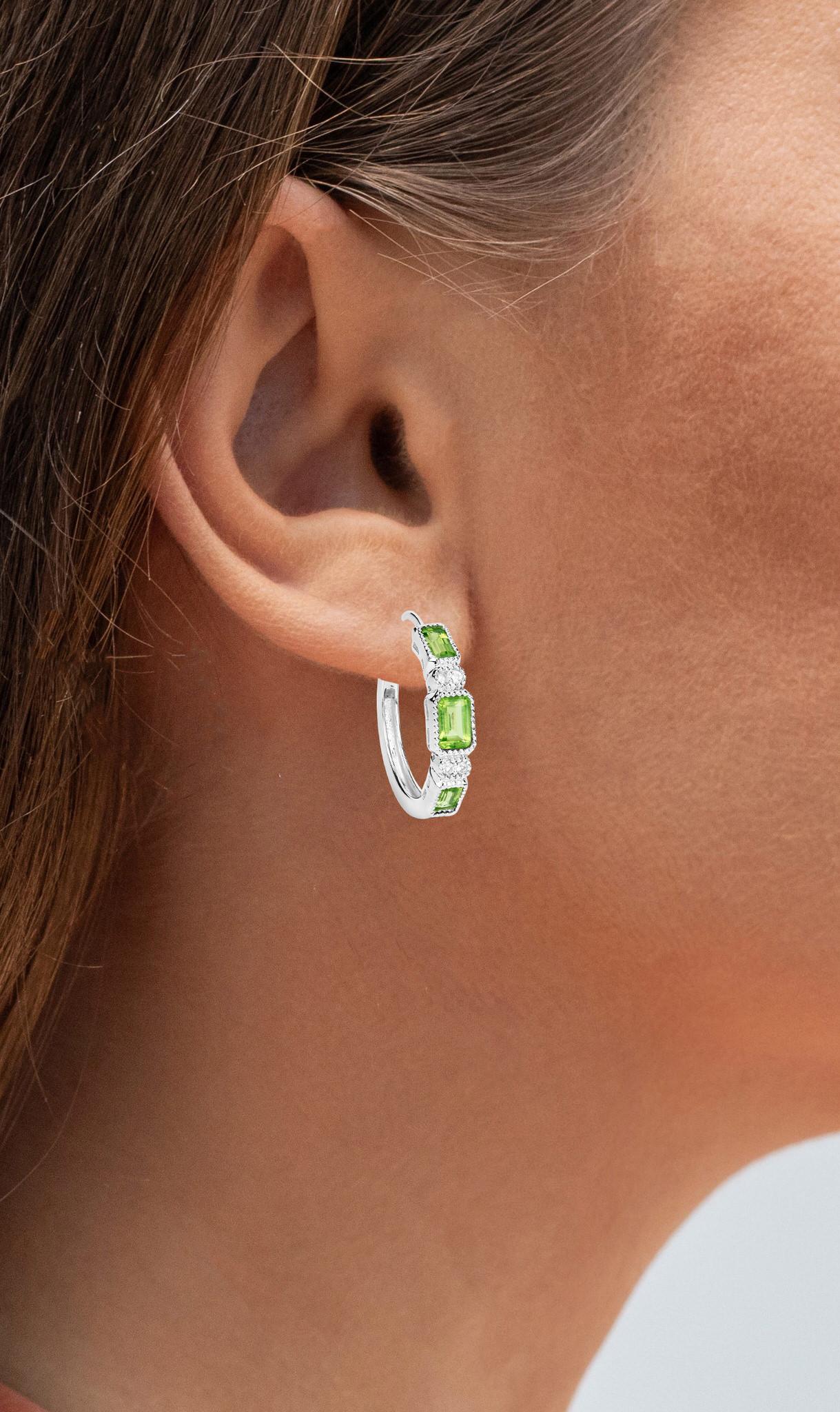 Mixed Cut Peridot Hoop Earrings White Topaz 2.4 Carats Sterling Silver For Sale