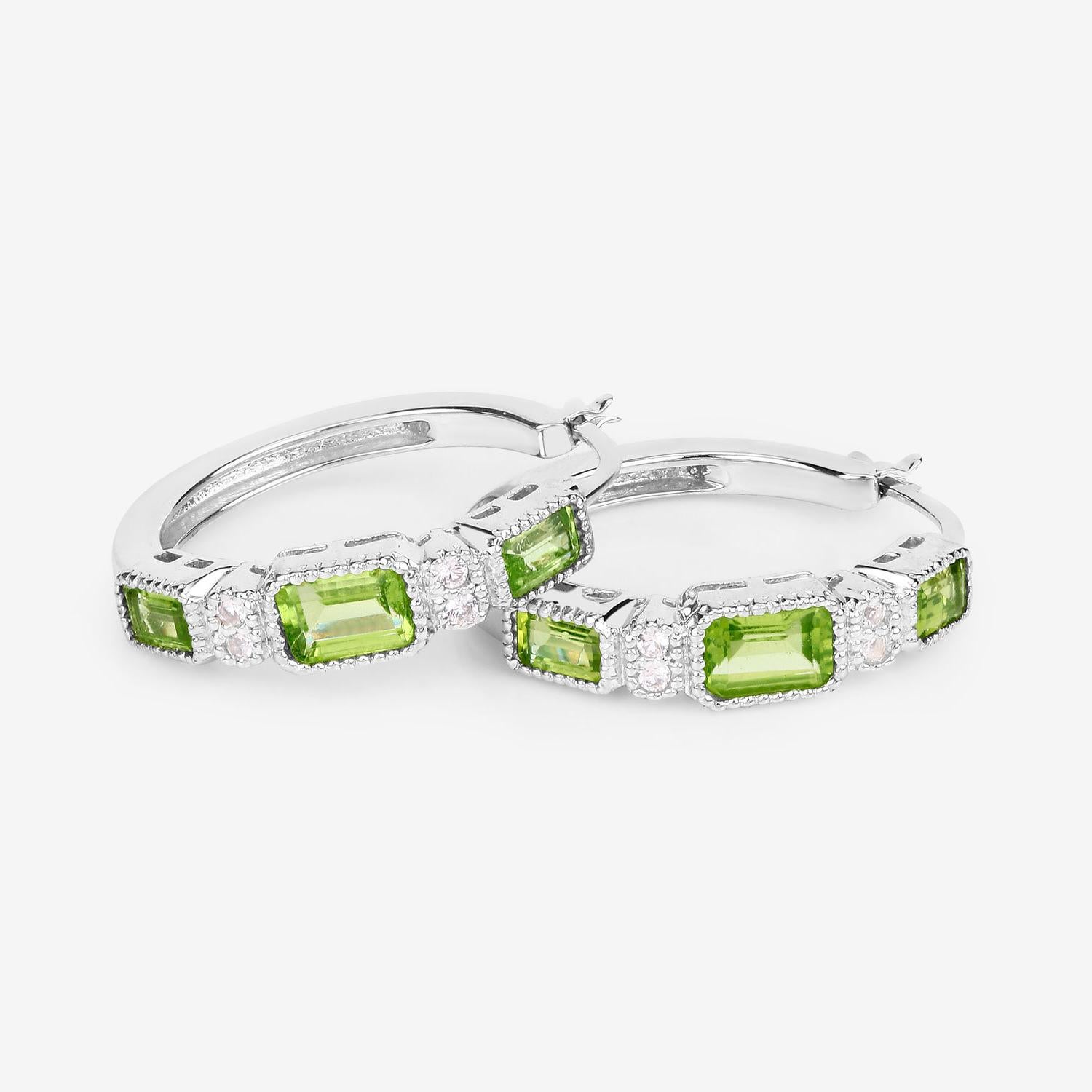 Peridot Hoop Earrings White Topaz 2.4 Carats Sterling Silver In Excellent Condition For Sale In Aliso Viejo, CA