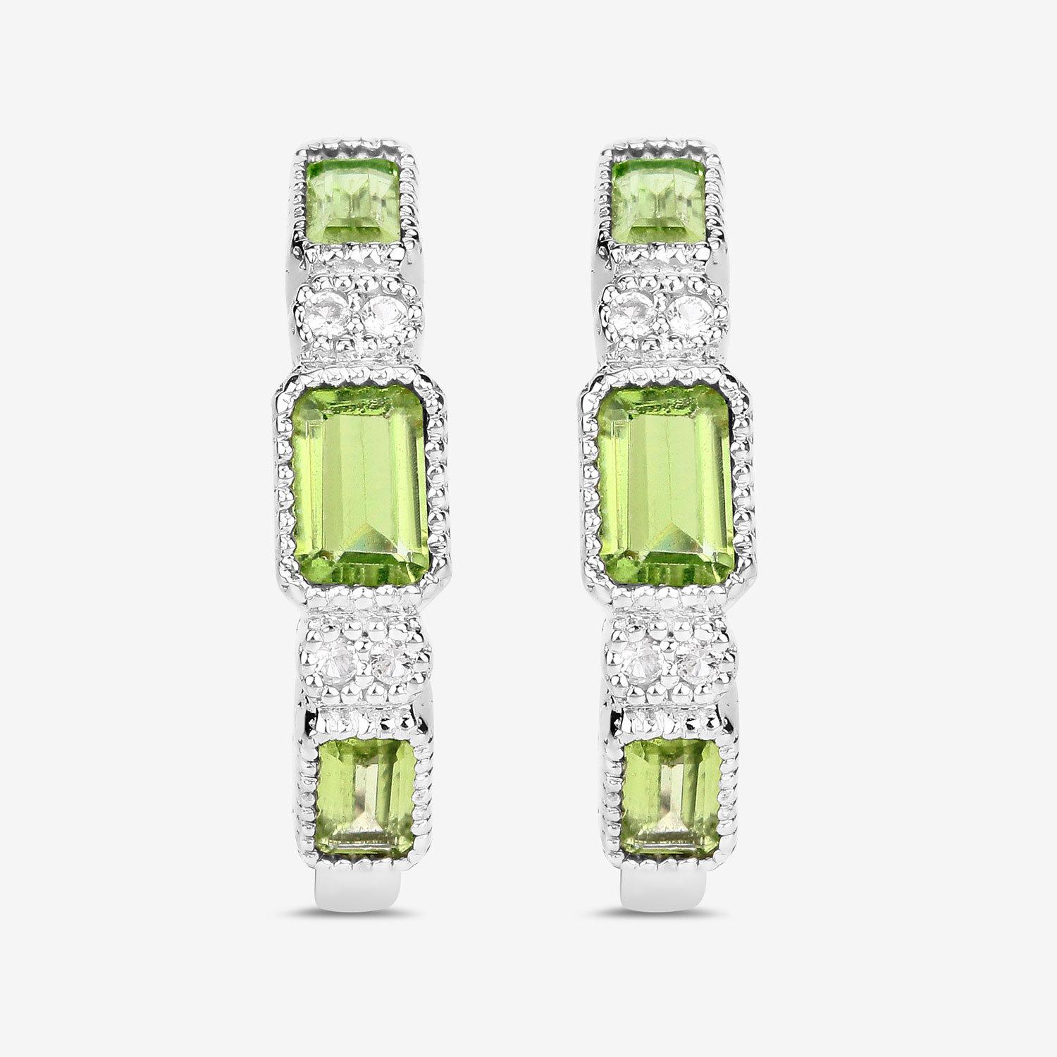 Women's or Men's Peridot Hoop Earrings White Topaz 2.4 Carats Sterling Silver For Sale