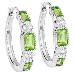 Peridot Hoop Earrings White Topaz 2.4 Carats Sterling Silver