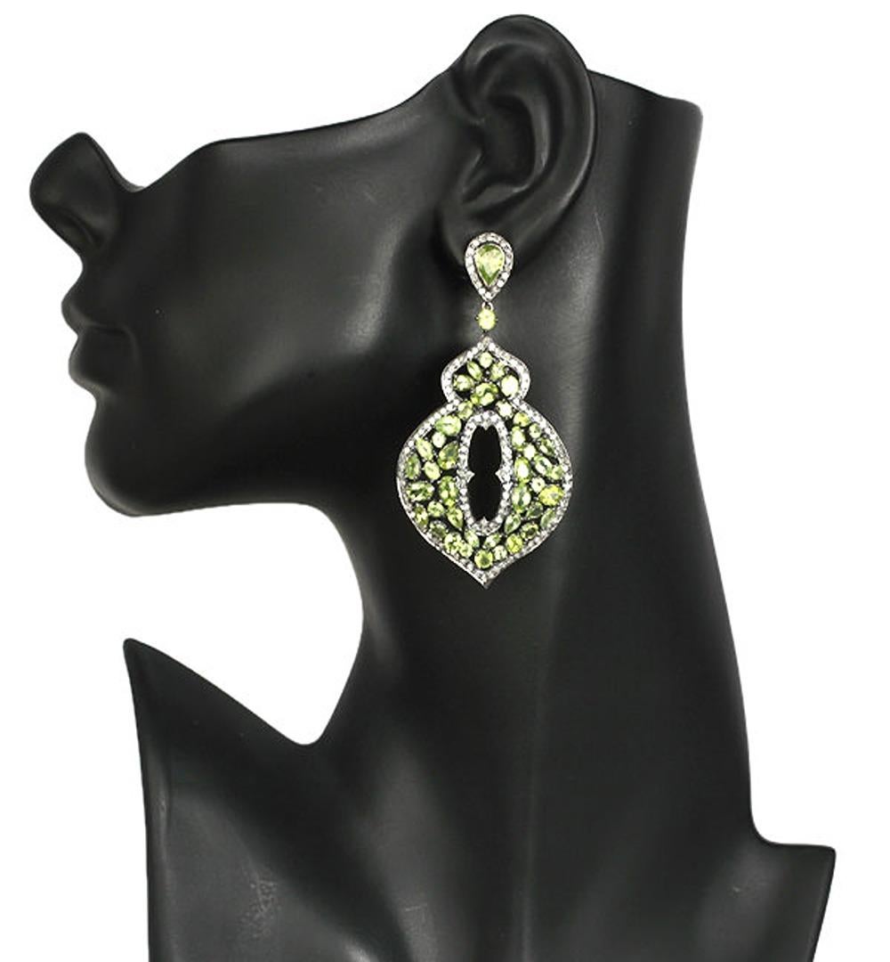 Artisan Mixed Shaped Peridot Earrings Adorned with Pave Diamonds In 18k Gold & Silver For Sale