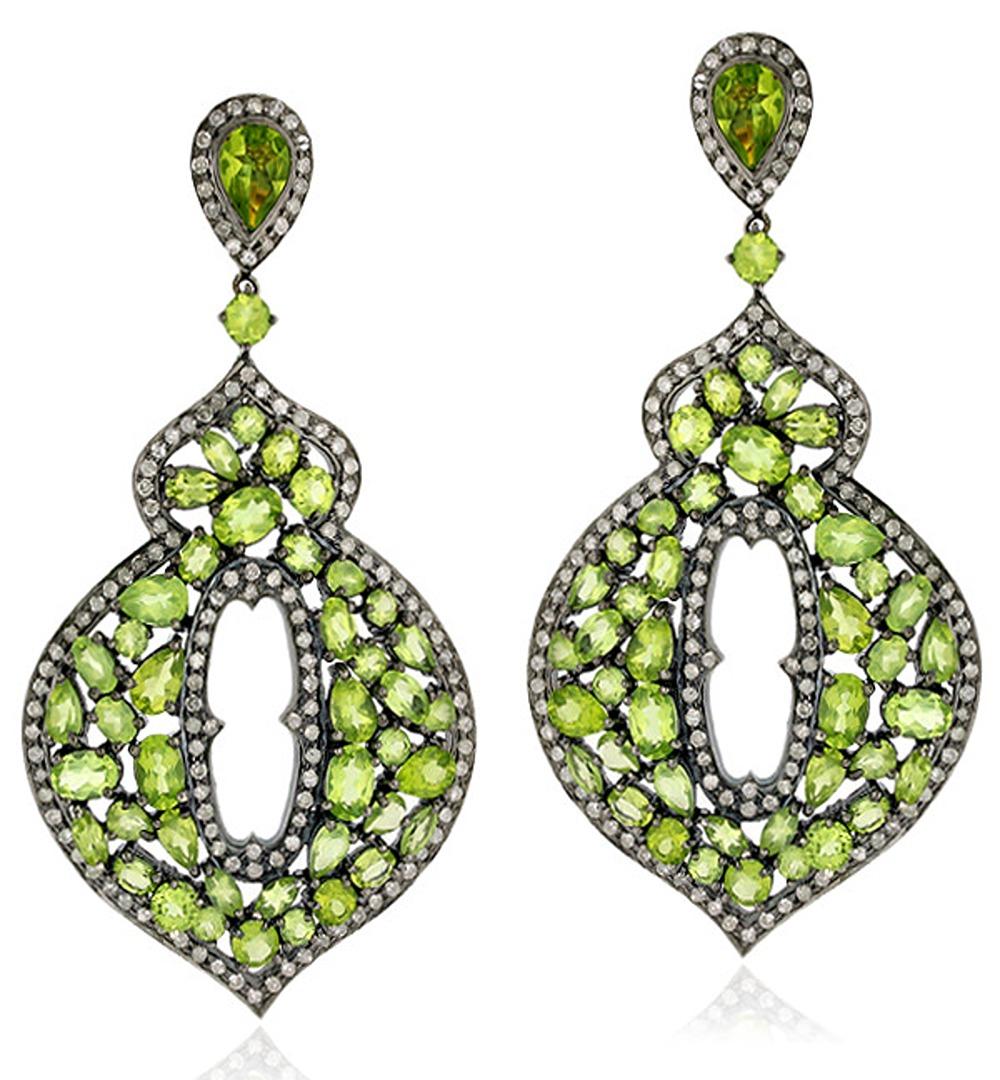 Mixed Cut Mixed Shaped Peridot Earrings Adorned with Pave Diamonds In 18k Gold & Silver For Sale