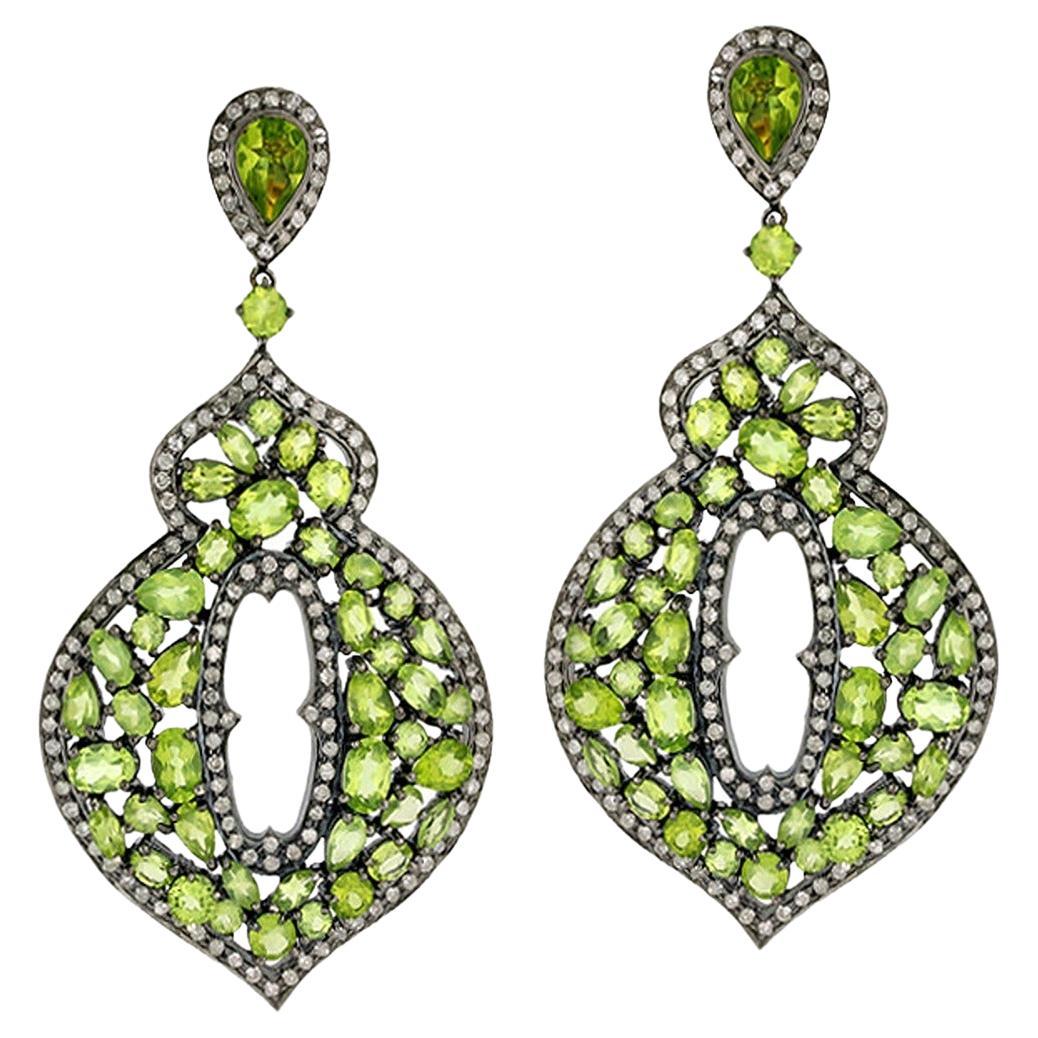 Mixed Shaped Peridot Earrings Adorned with Pave Diamonds In 18k Gold & Silver For Sale