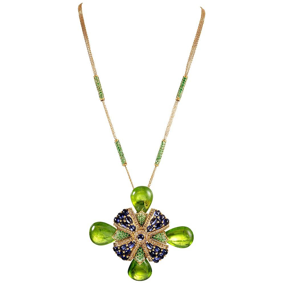 Peridot, Iolite and Tsavorite Maltese Cross Pendant, signed “Wing” In Excellent Condition In Carmel-by-the-Sea, CA