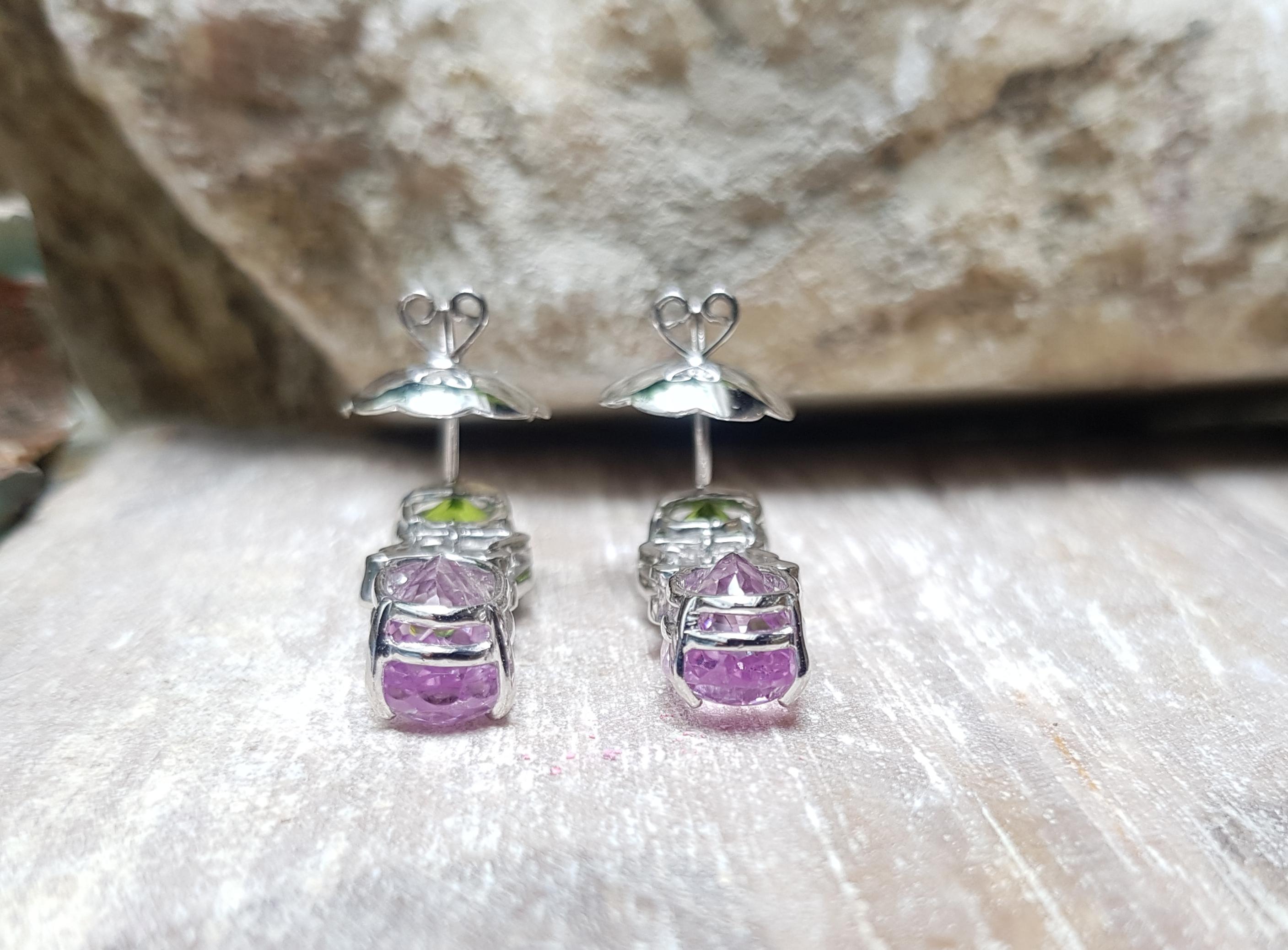 Peridot, Kunzite and Brown Diamond Earrings Set in 18 Karat White Gold Settings In New Condition For Sale In Bangkok, TH