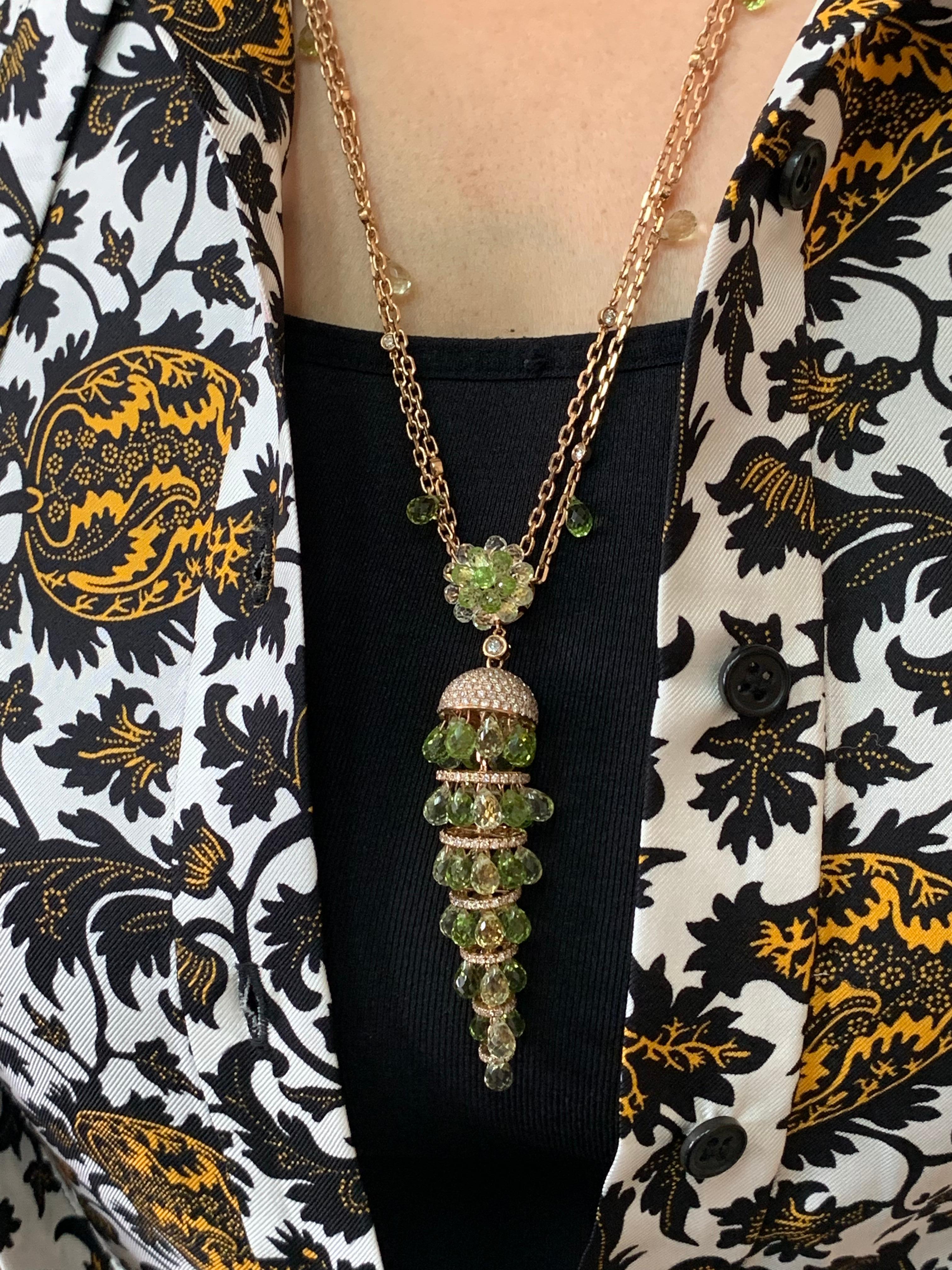 Peridot & Lemon Quartz Drop Necklace with Topaz, Diamond in 18 Karat Rose Gold In New Condition For Sale In Hong Kong, HK