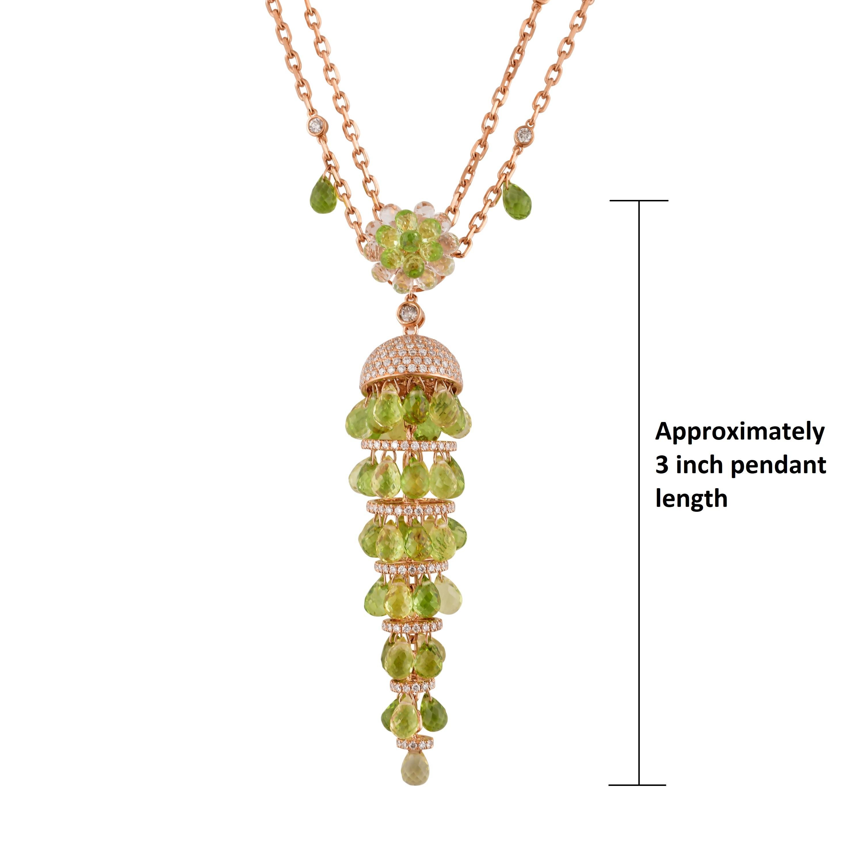 Women's Peridot & Lemon Quartz Drop Necklace with Topaz, Diamond in 18 Karat Rose Gold For Sale