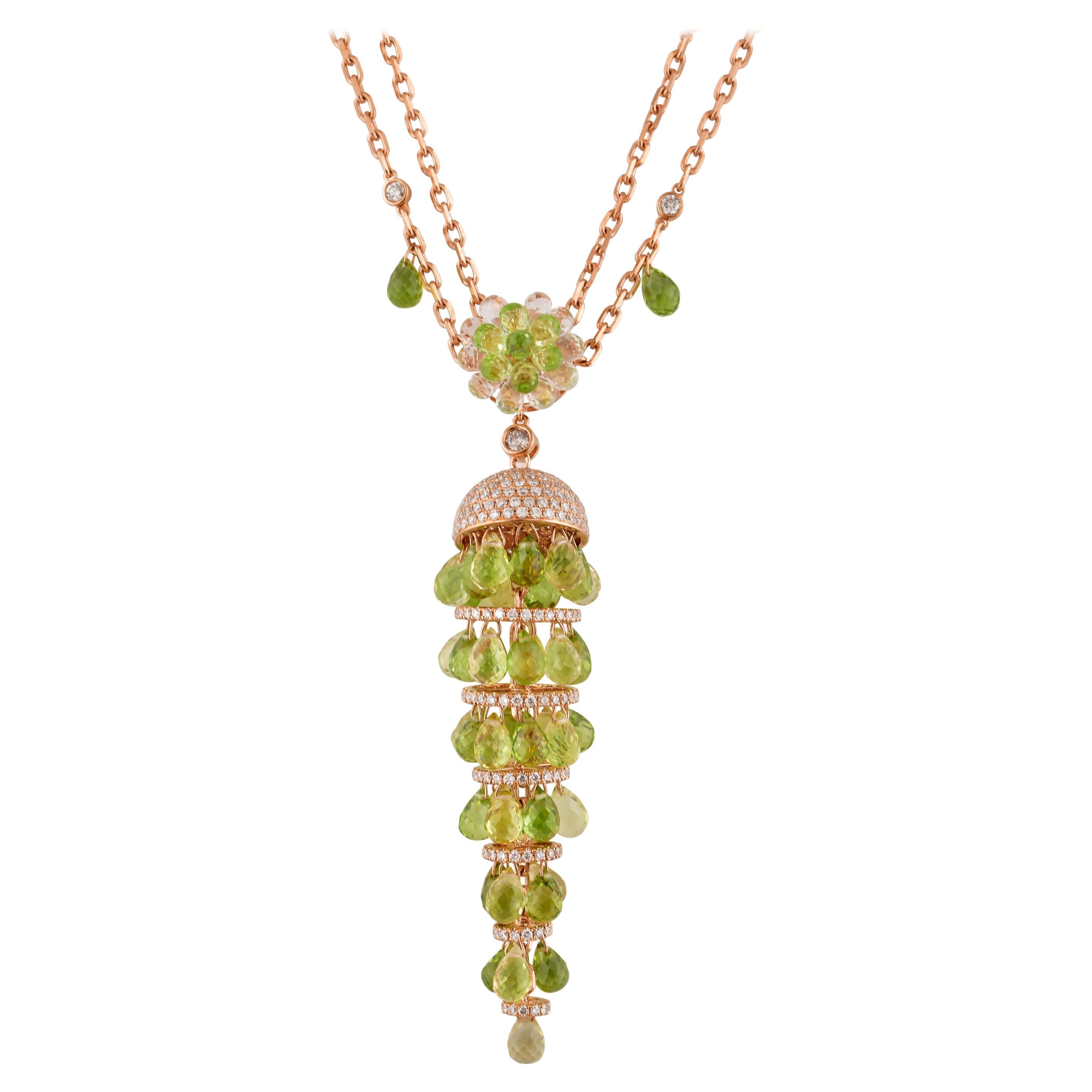 Peridot & Lemon Quartz Drop Necklace with Topaz, Diamond in 18 Karat Rose Gold