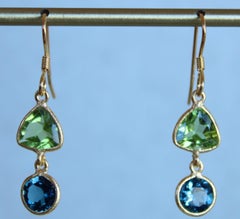 Peridot & London Blue Topaz 14K Gold French Wire Two Stone Dangle Earrings