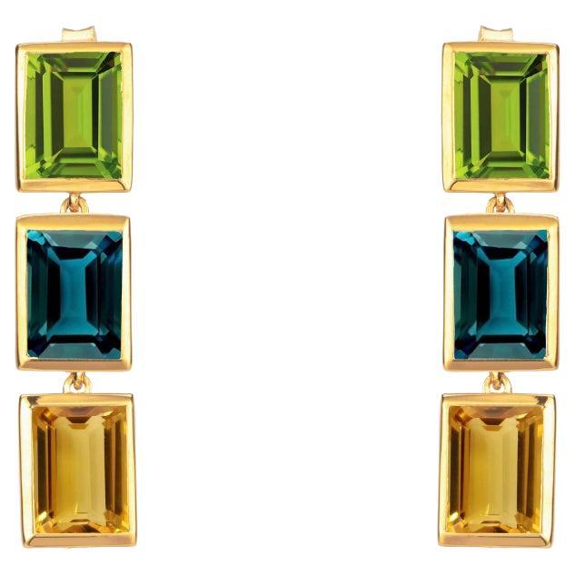 Peridot, London Blue Topaz and Citrine 3 Drop Earrings