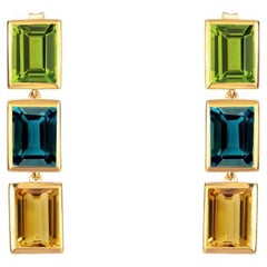 Boucles d'oreilles 3 pendants en péridot, topaze bleue de Londres et citrine
