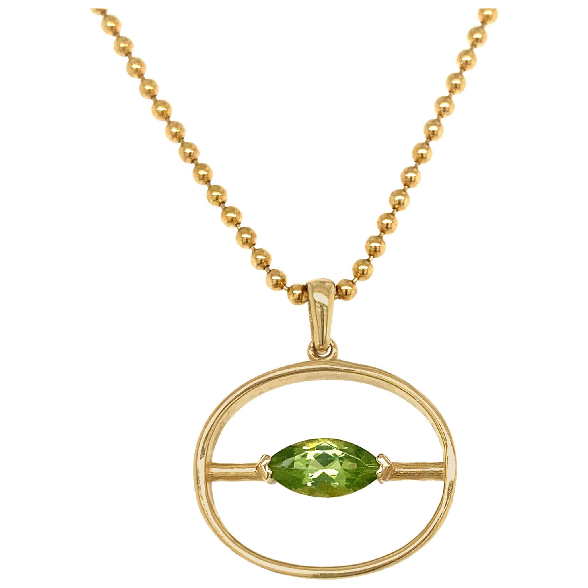 Peridot Marquise "Theta" Pendant on 24" Ball Chain, All in 18 Karat Yellow Gold For Sale