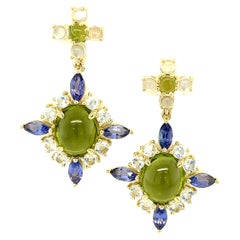 Peridot, Moonstone and Tanzanite Dangle Earrings in Yellow Gold